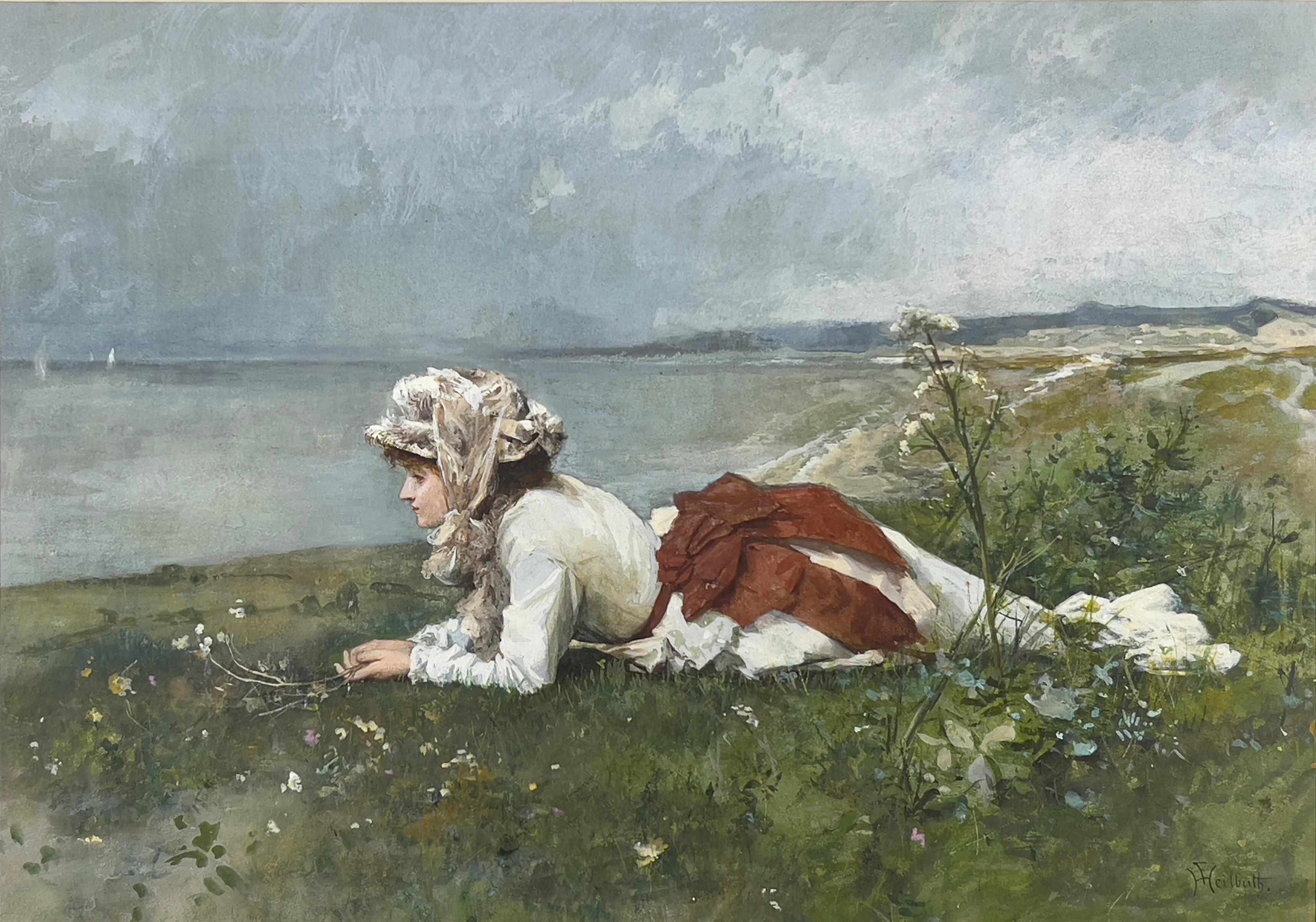 Ferdinand Heilbuth, Donna sdraiata sulla riva, acquerello e gouache su carta in vendita 1
