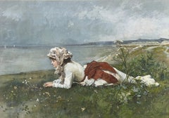 Ferdinand Heilbuth, Woman lying on the shore, watercolor and gouache on paper