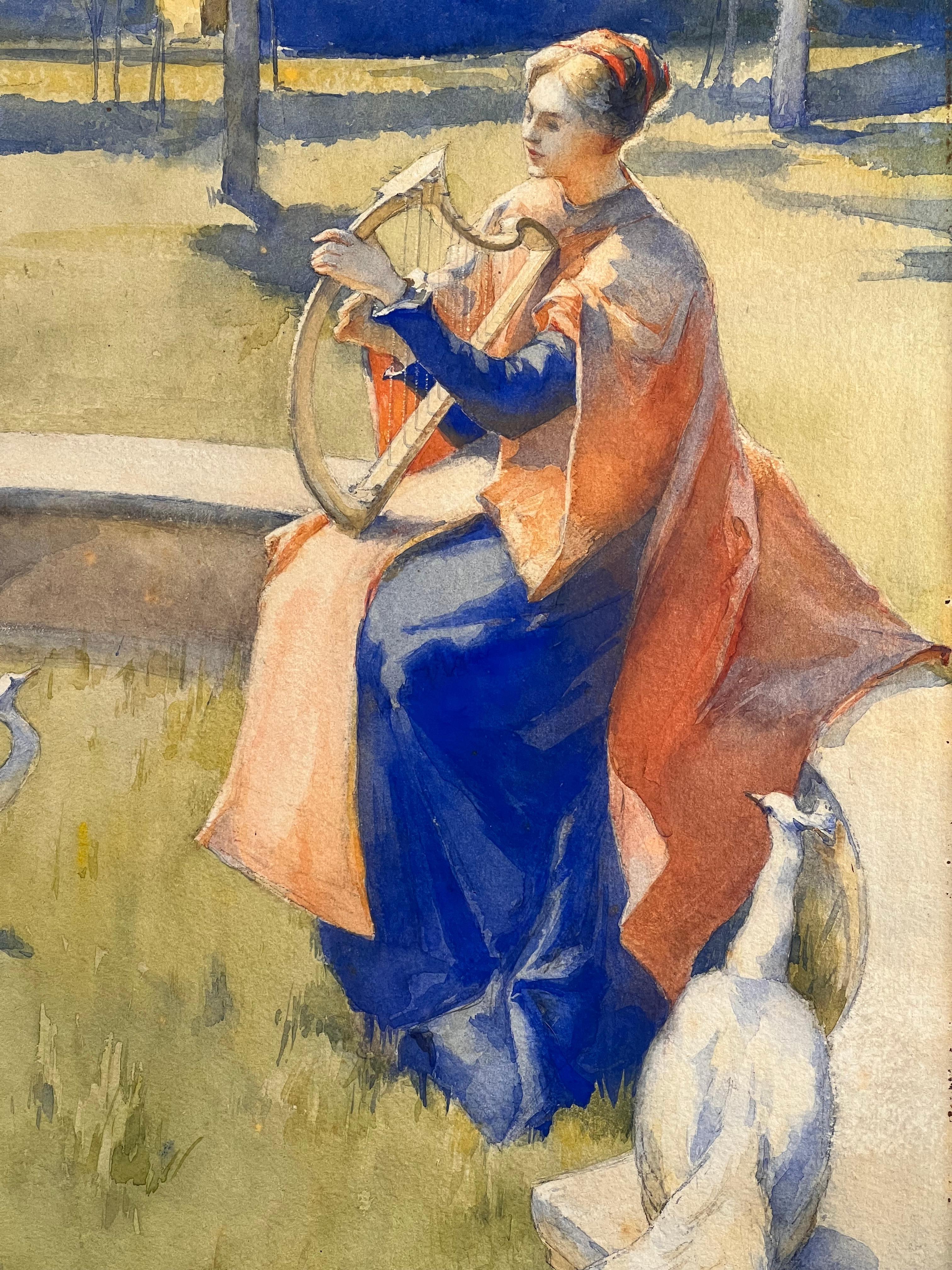 Cette aquarelle comporte plusieurs motifs distinctifs du répertoire décoratif d'Adrien Moreau-Néret, tels que la joueuse de cithare (une allégorie de la musique), les paons, des végétaux stylisés ou le banc circulaire, éléments qui figurent dans