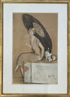 Jean – Gabriel DOMERGUE (1889 – 1962), "Elegant Lady with Parasol and Dog"