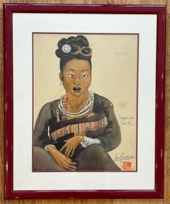 Léa LAFUGIE (1890-1972), watercolor of a "Ta Moc" woman and child