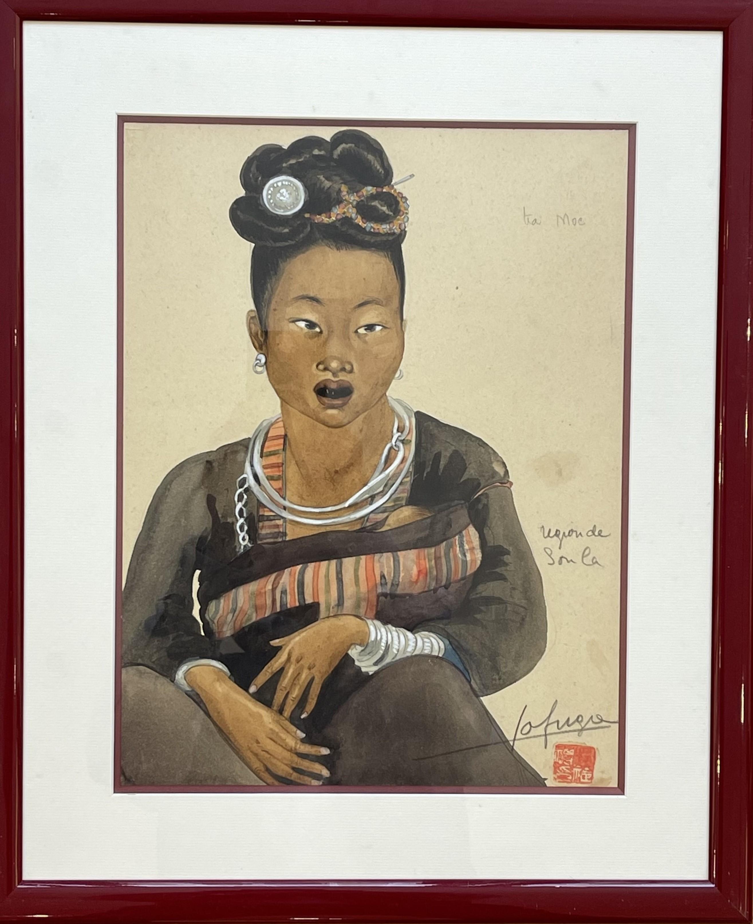 Léa Lafugie Figurative Art - Léa LAFUGIE (1890-1972), watercolor of a "Ta Moc" woman and child