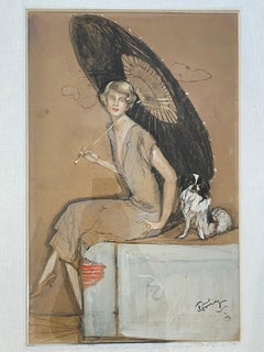 Jean – Gabriel DOMERGUE (1889 – 1962), "Elegant Lady with Parasol and Dog"