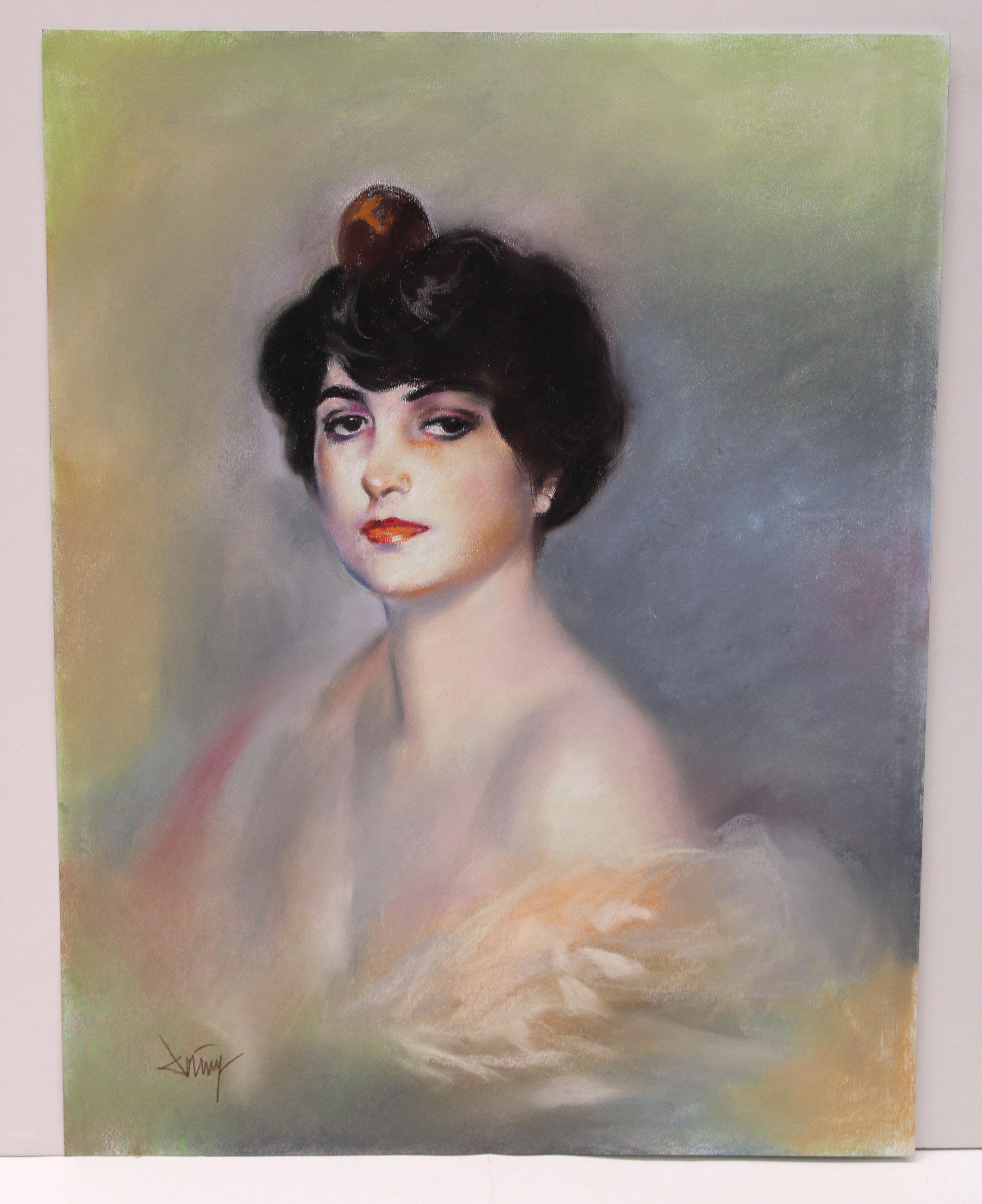 Domingo Alvarez Gómez (1942) - Retrato femenino - Dibujo a pastel en venta 1