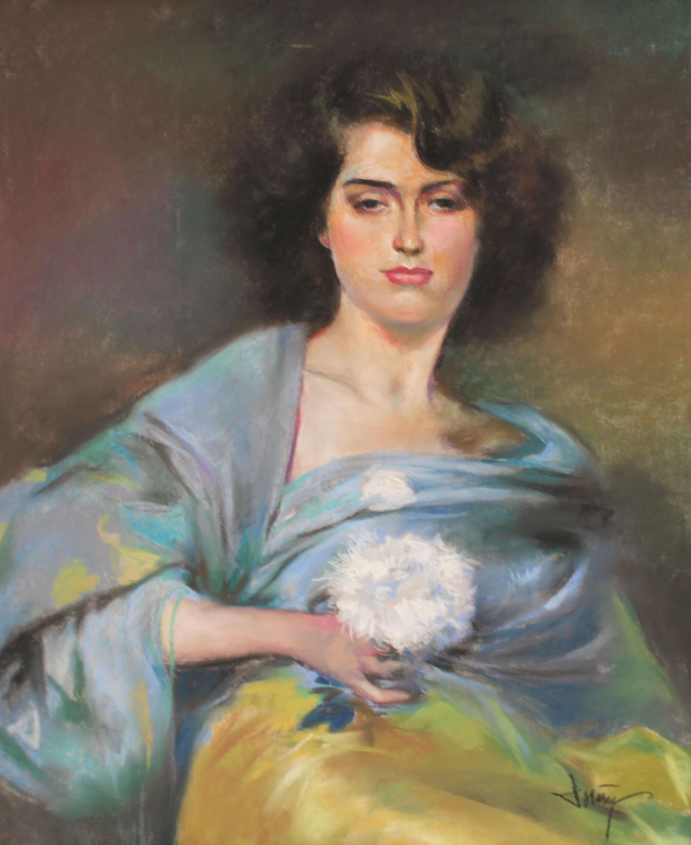 Retrato femenino - Dibujo a pastel - Art de Domingo Alvarez Gómez (1942)
