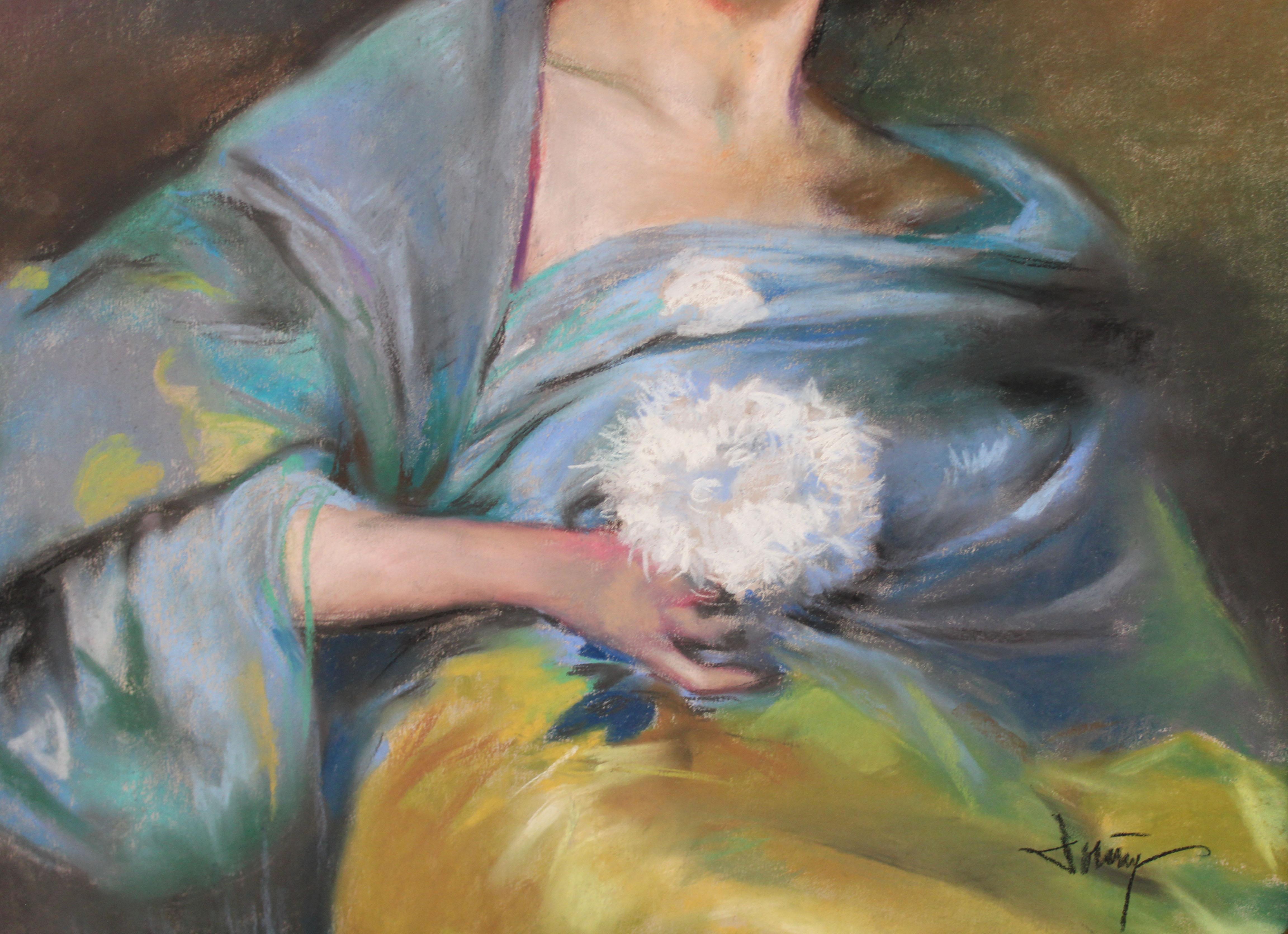 Retrato femenino - Dibujo a pastel - Figurative Art Marrón de Domingo Alvarez Gómez (1942)