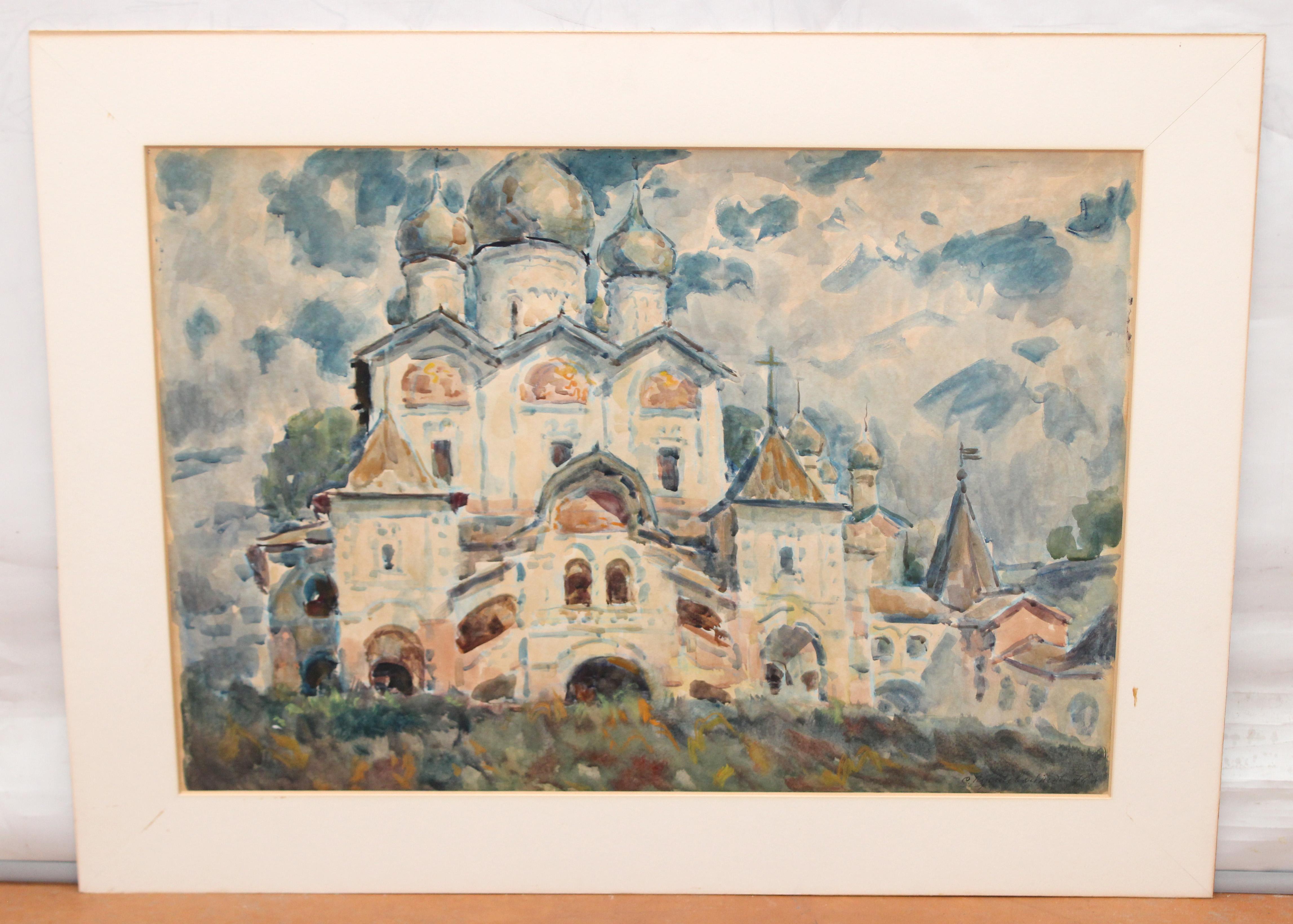 Acuarela sobre papel - Año 1976 - Templo ruso - Art de ﻿Semyon Pustovoytov 