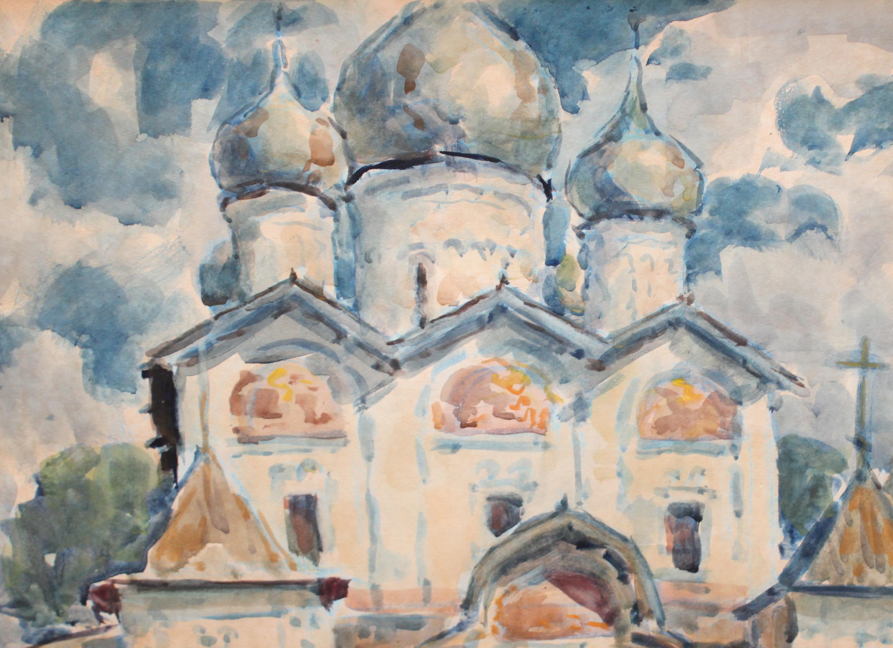 Acuarela sobre papel - Año 1976 - Templo ruso - Marron Landscape Art par ﻿Semyon Pustovoytov 
