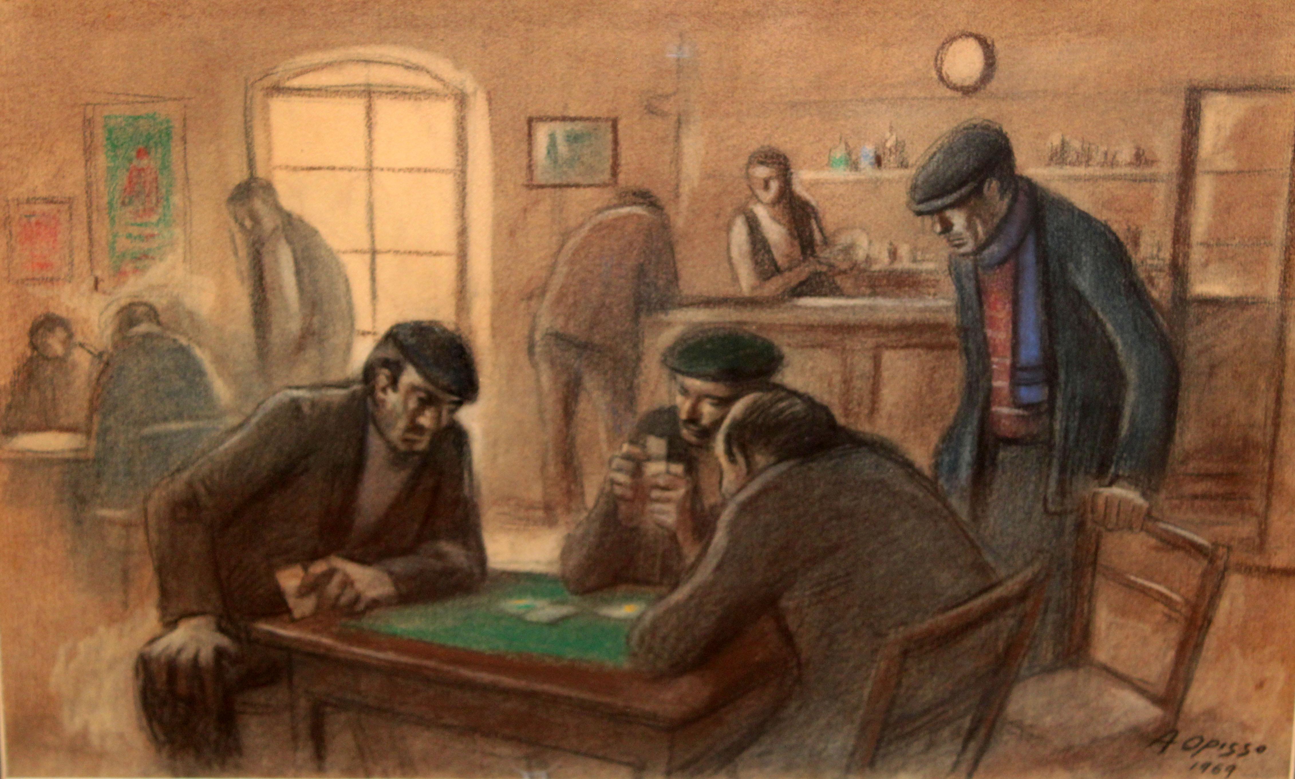 Alfredo Opisso Cardona Figurative Art - La partida de cartas - Dibujo a pastel - Año 1969
