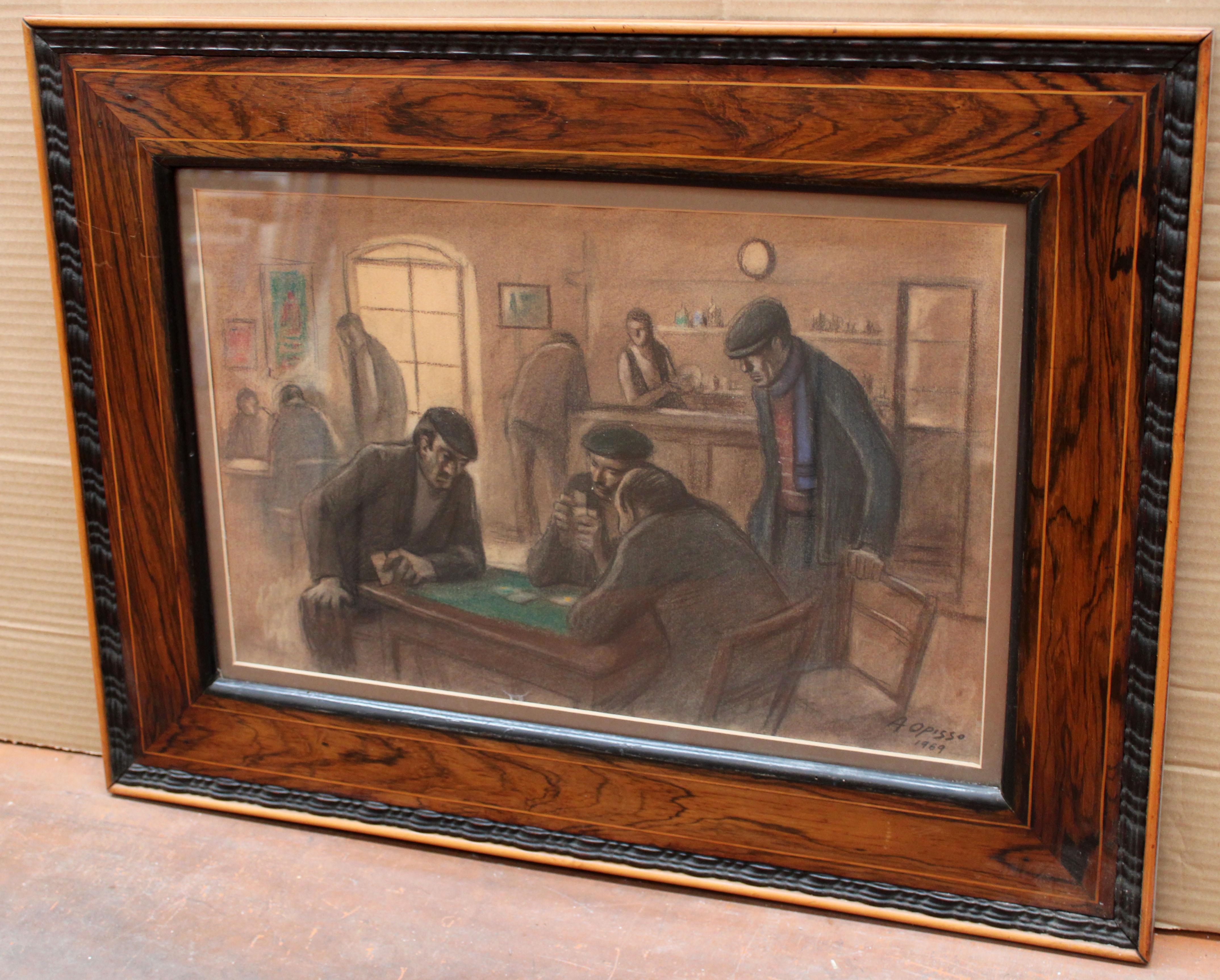 La partida de cartas - Dibujo a pastel - Año 1969 - Other Art Style Art by Alfredo Opisso Cardona