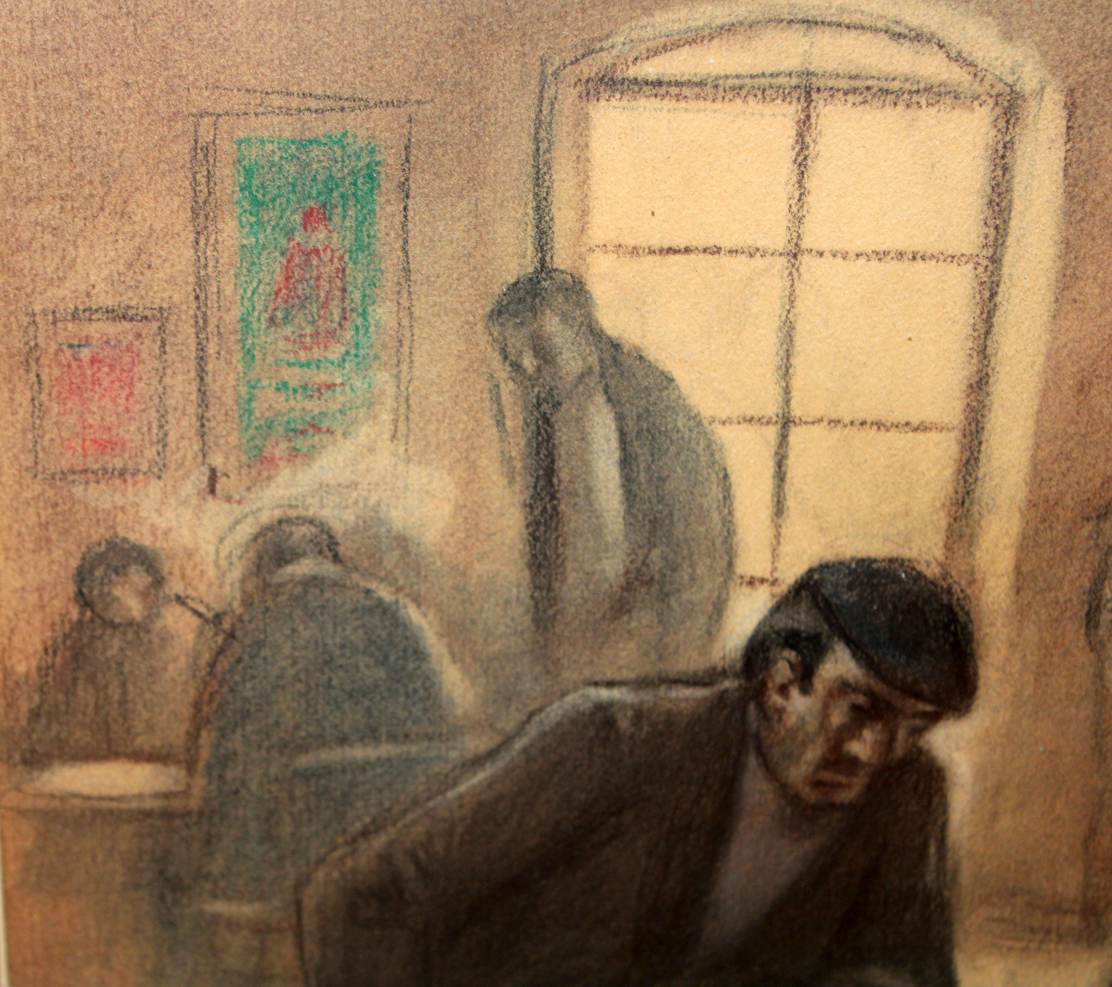 La partida de cartas - Dibujo a pastel - Año 1969 - Brown Figurative Art by Alfredo Opisso Cardona