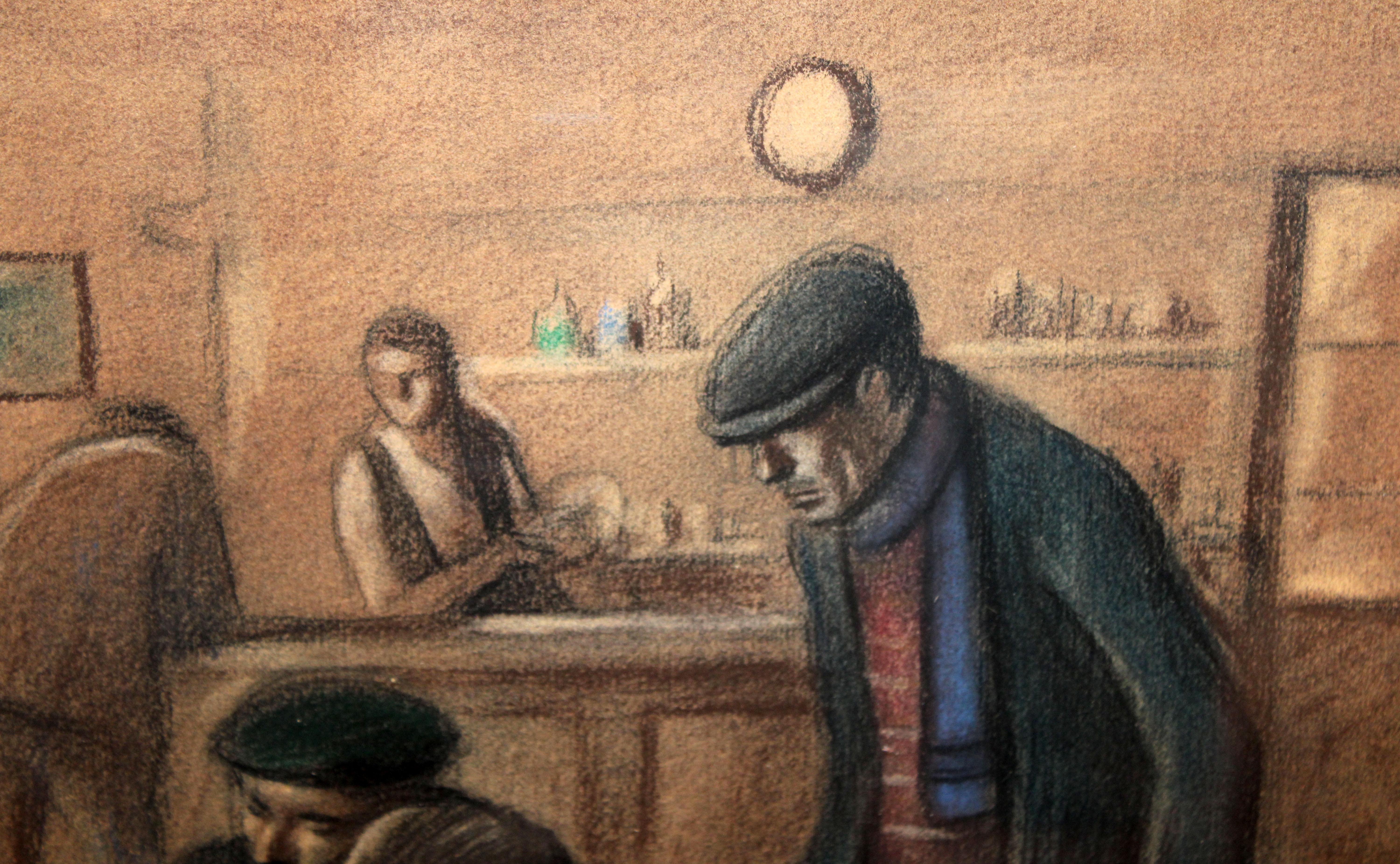 La partida de cartas - Dibujo a pastel - Año 1969 For Sale 1
