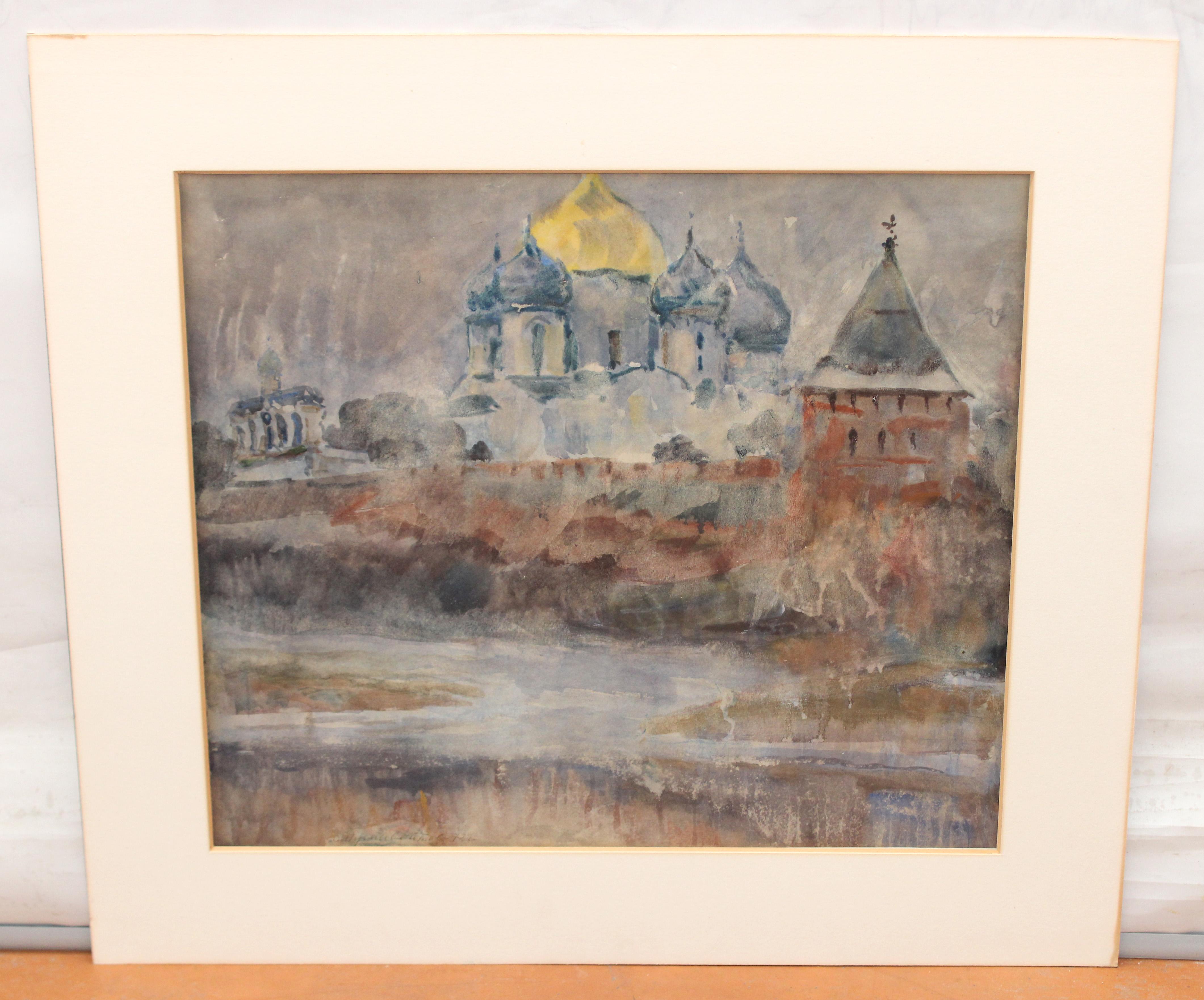 Acuarela sobre papel - Año 1972 - Templo ruso - Art de ﻿Semyon Pustovoytov 