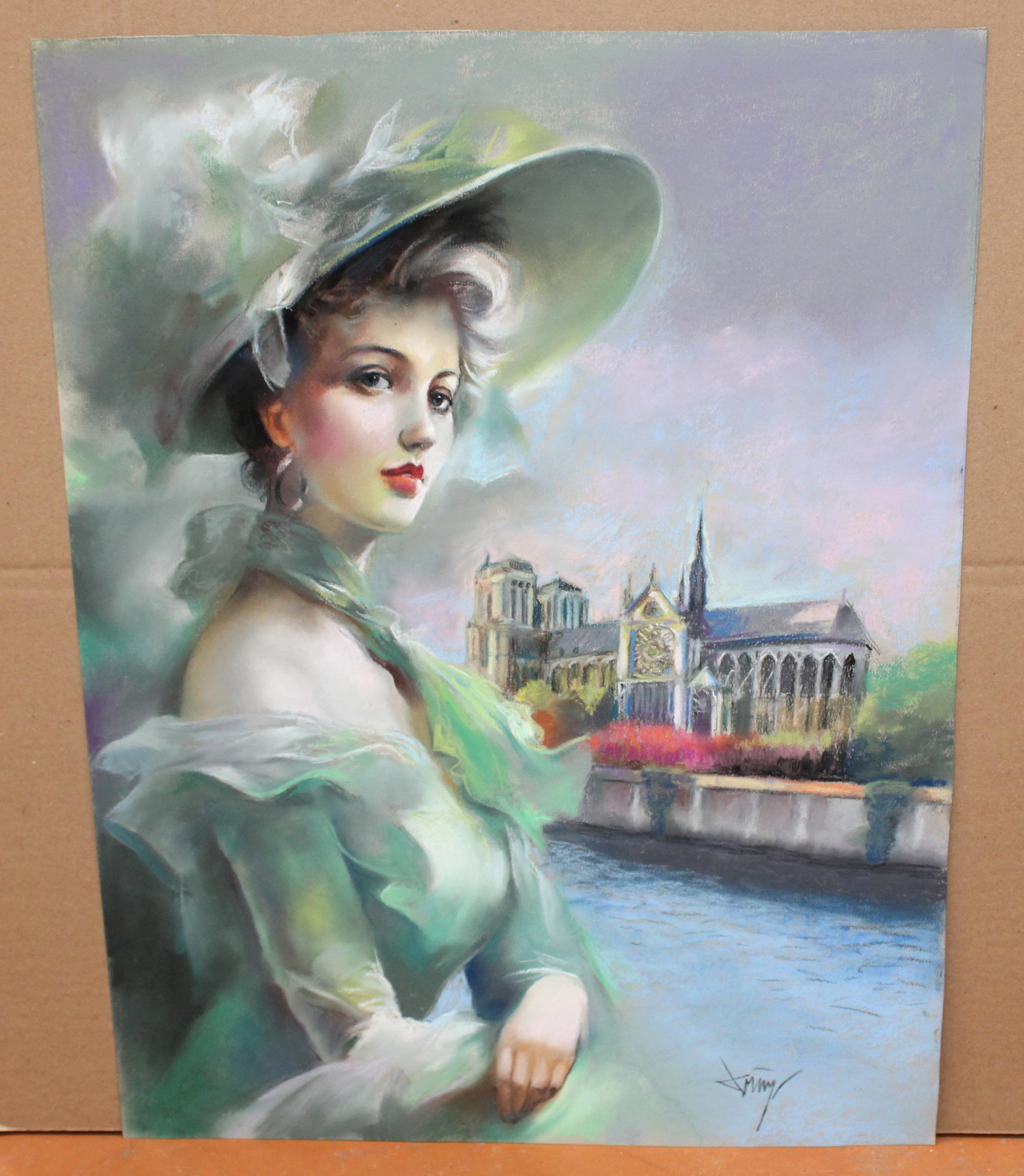 Elegancia en París - Dibujo a pastel - Art by Domingo Alvarez Gómez (1942)
