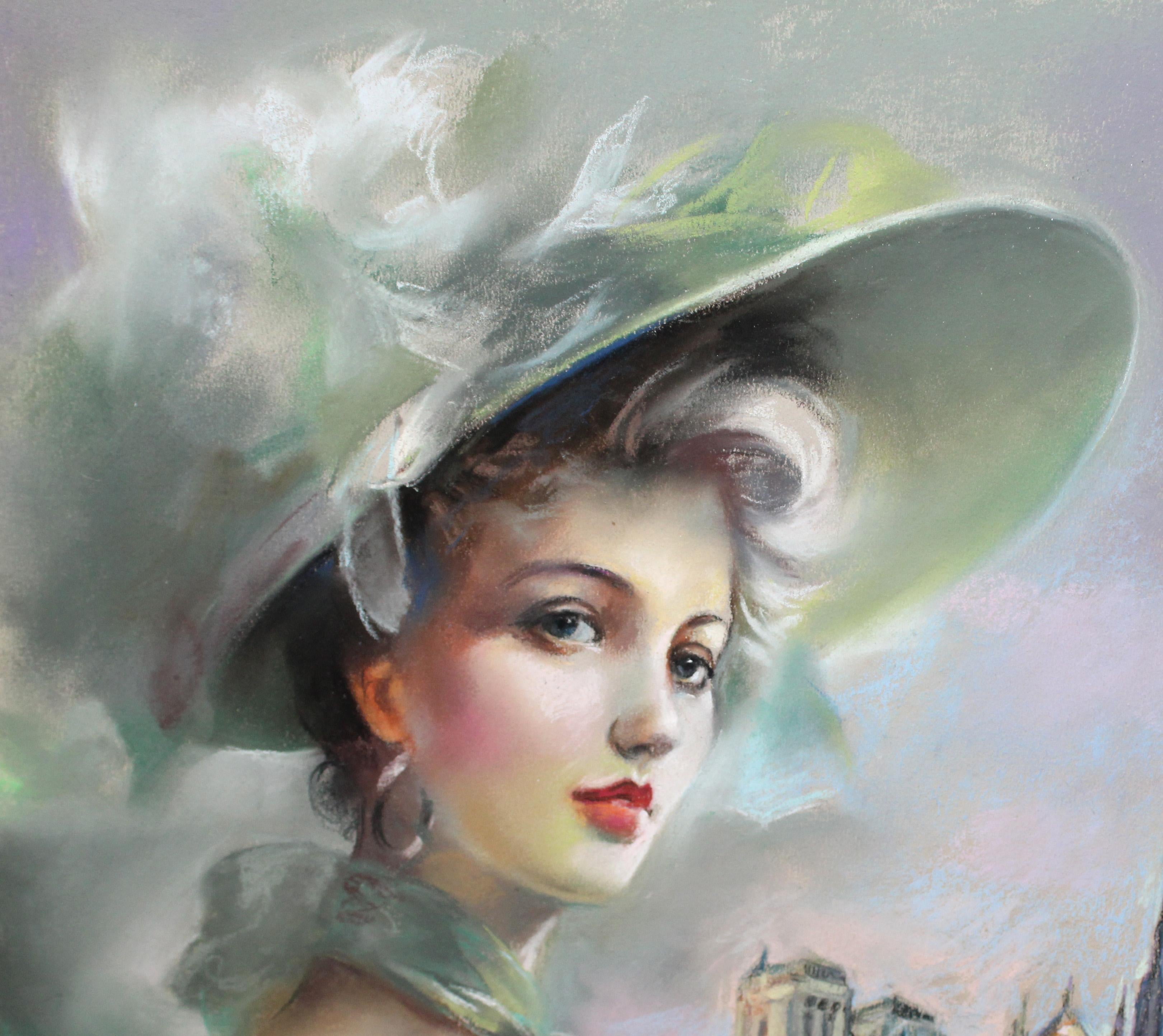 Elegancia en París - Dibujo a pastel - Academic Art by Domingo Alvarez Gómez (1942)