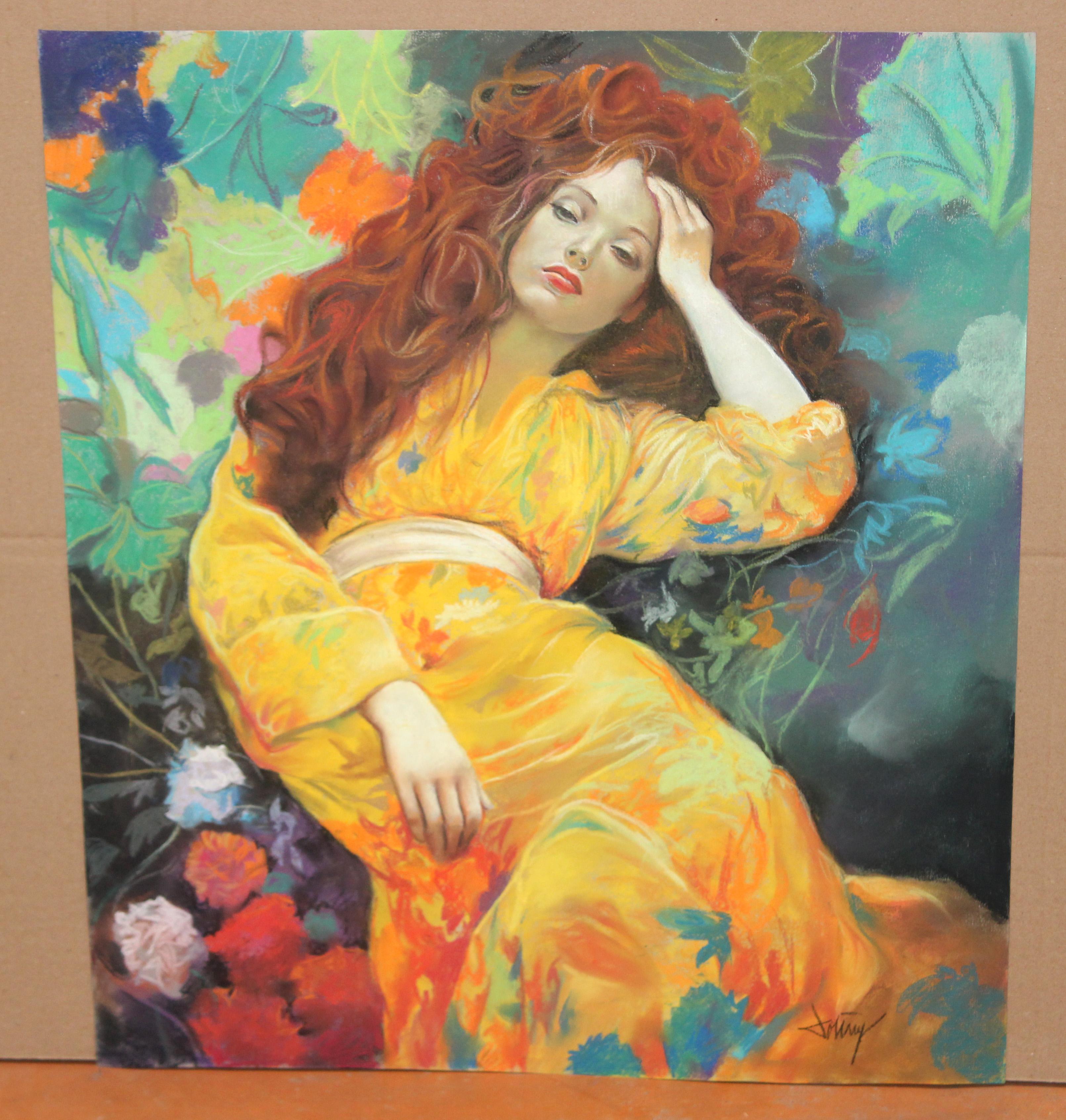 Sueño entre flores - Dibujo a pastel - Art by Domingo Alvarez Gómez (1942)