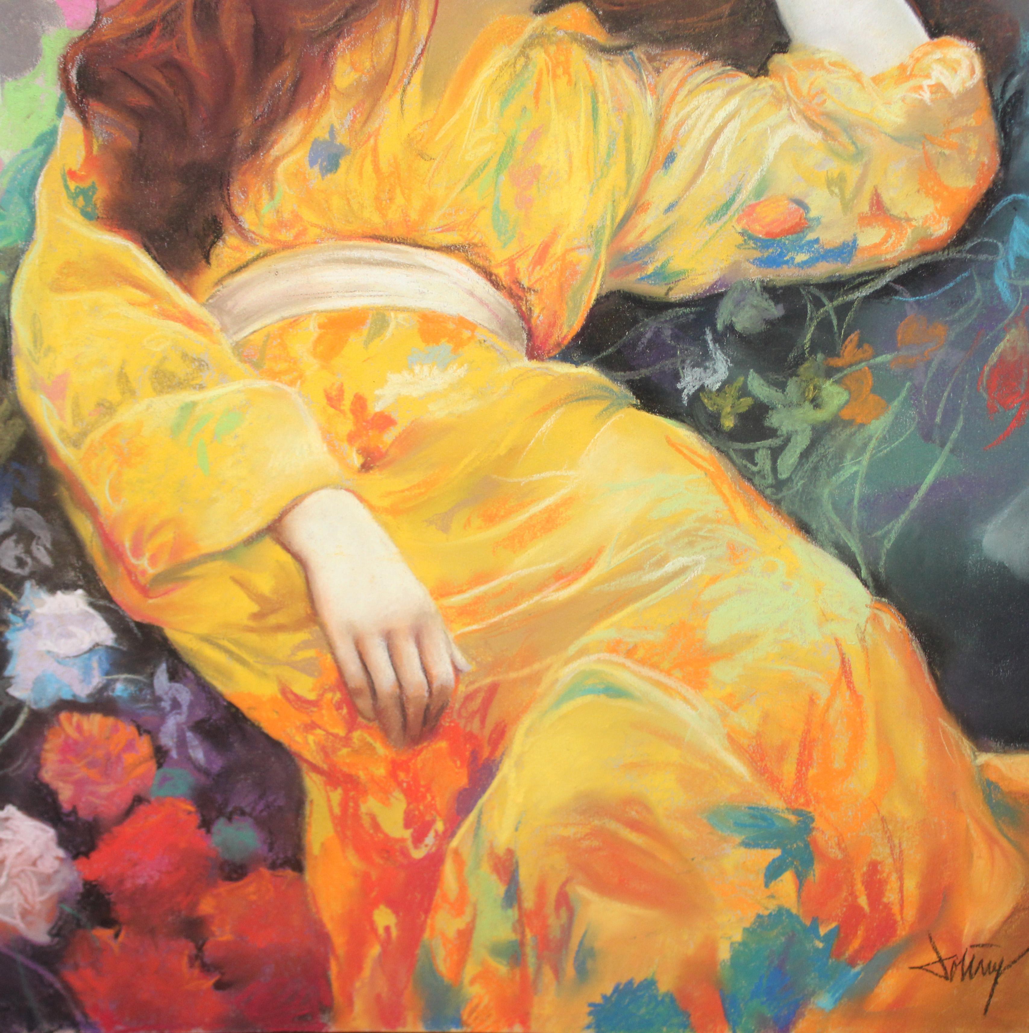 Sueño entre flores - Dibujo a pastel For Sale 1
