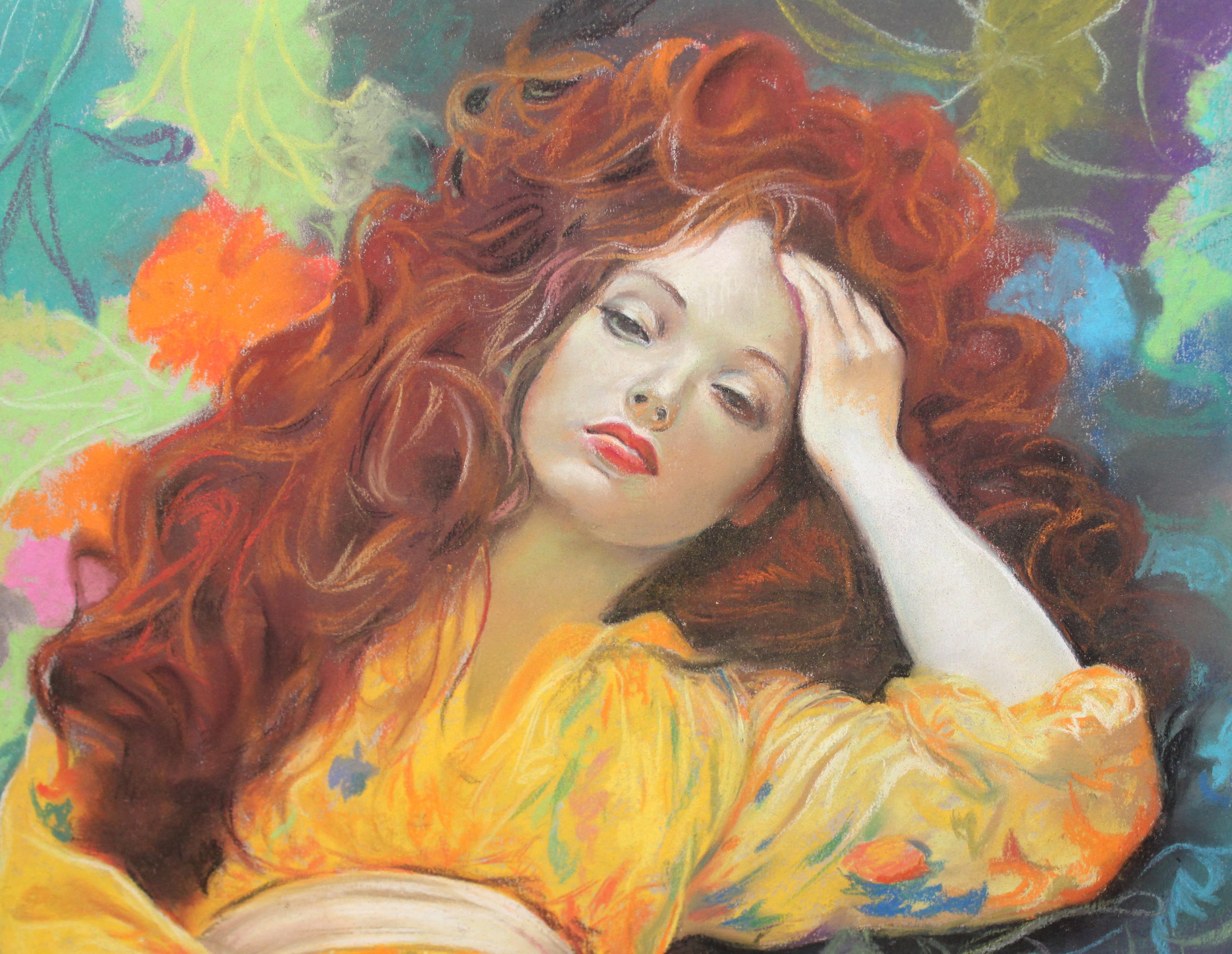 Sueño entre flores - Dibujo a pastel - Brown Portrait by Domingo Alvarez Gómez (1942)