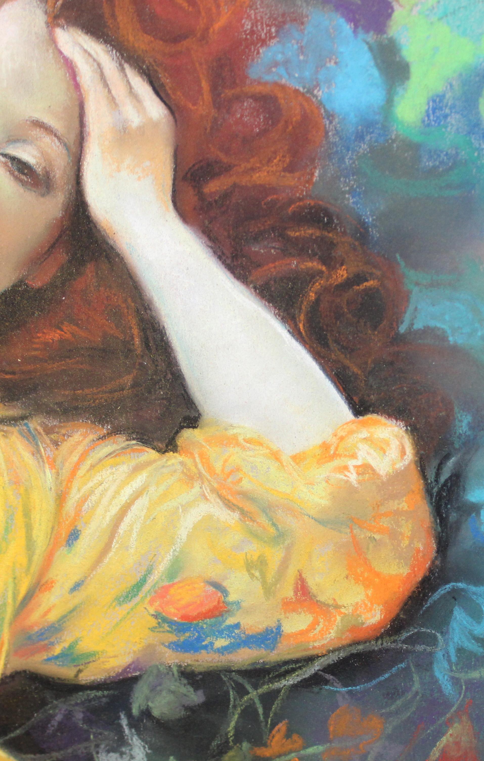 Sueño entre flores - Dibujo a pastel For Sale 2