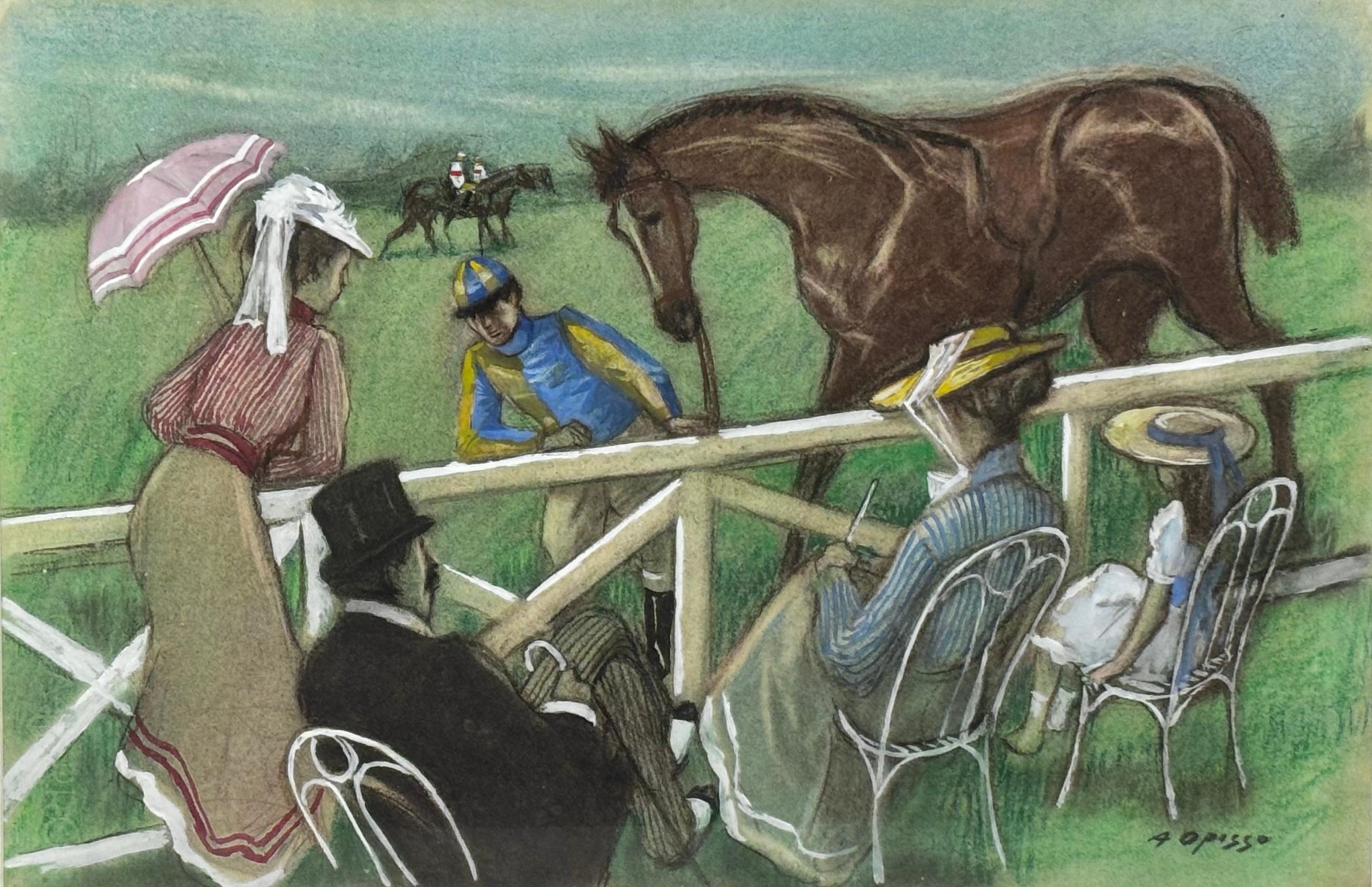 Alfredo Opisso Figurative Art - ALFREDO OPISSO - UN DÍA EN EL HIPÓDROMO - ACUARELA