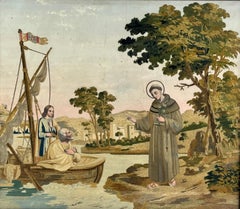 Soie brodée du XIXe siècle représentant Saint Antoine prêchant aux poissons