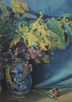 Mimosa y claveles - Acuarela - Firmado y enmarcado - Año 1957