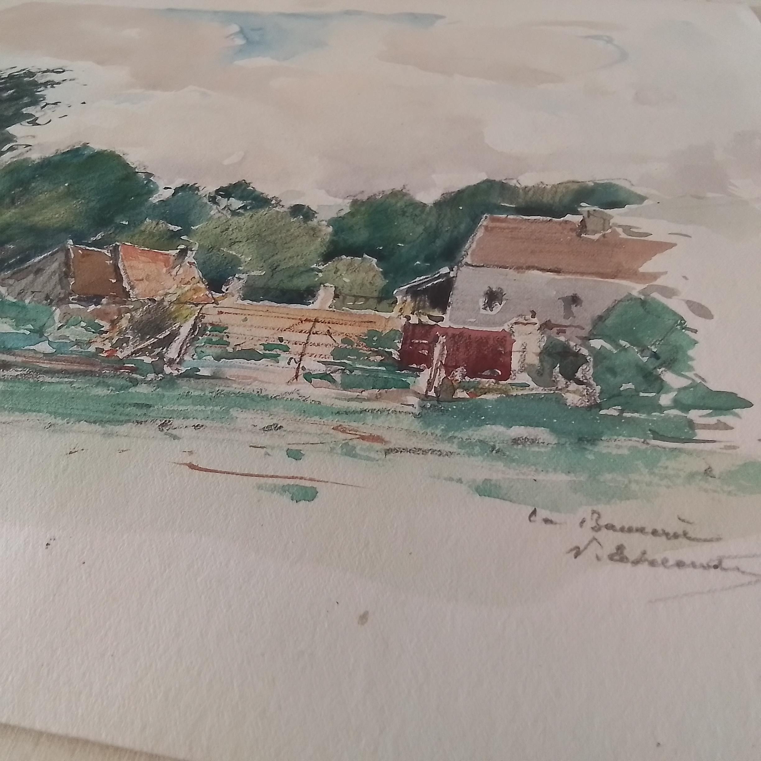 Country Cottage Häuser (Grau), Landscape Art, von Paul Emile Lecomte