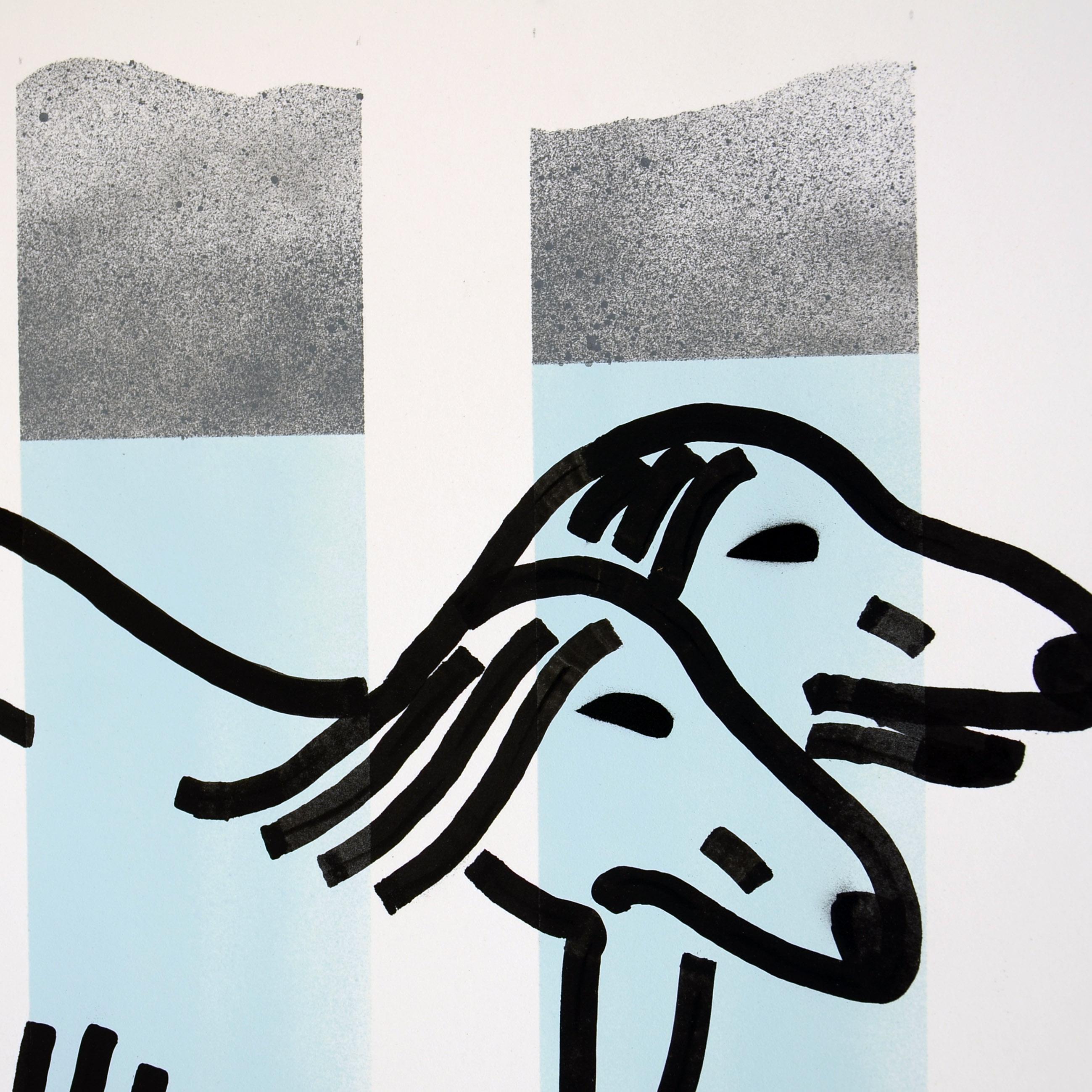 Peinture acrylique et spray de papier - Série d'œuvres de bureau - Lunch Break - Encadré en vente 1