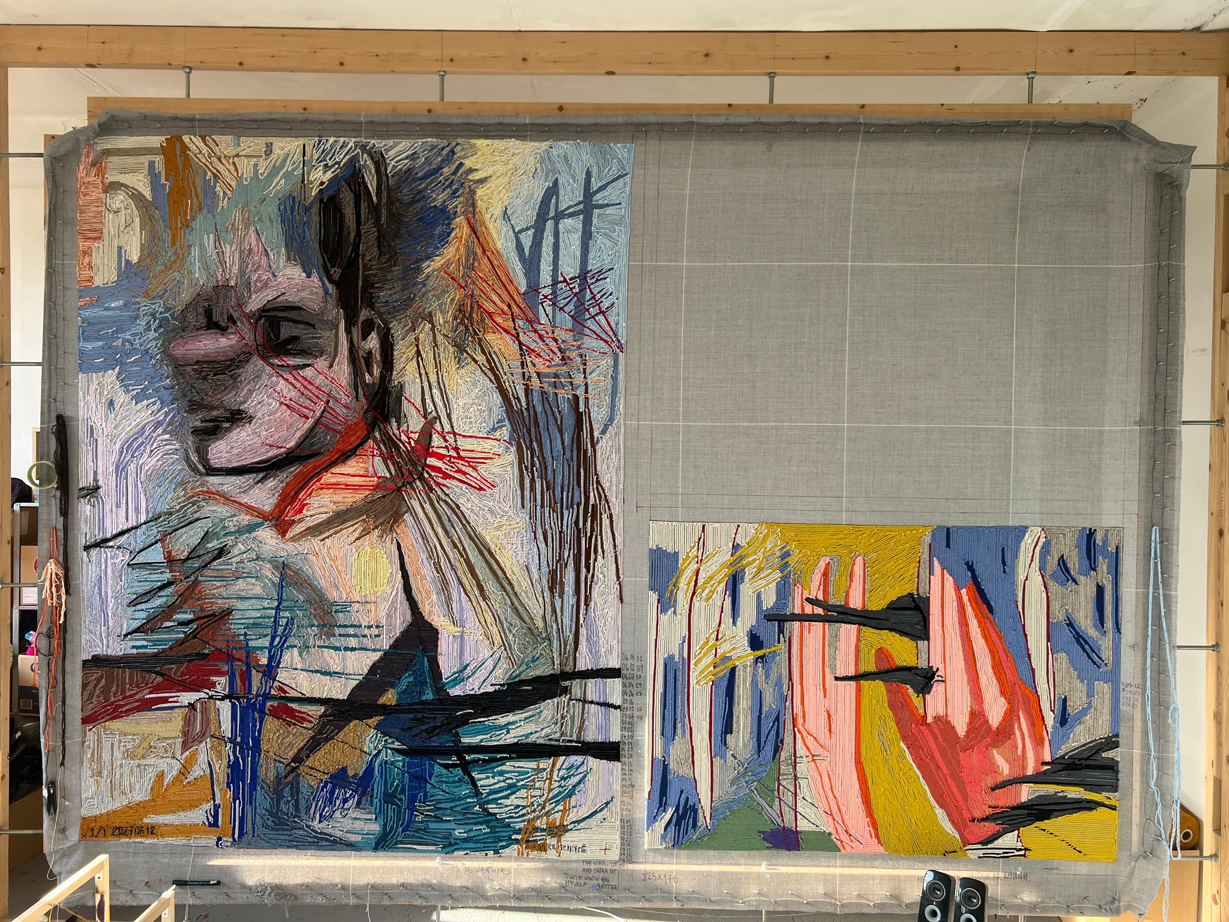 Hand-Tufted Contemporary Textile Artwork - Mixed Thread on Canvas For Sale 11