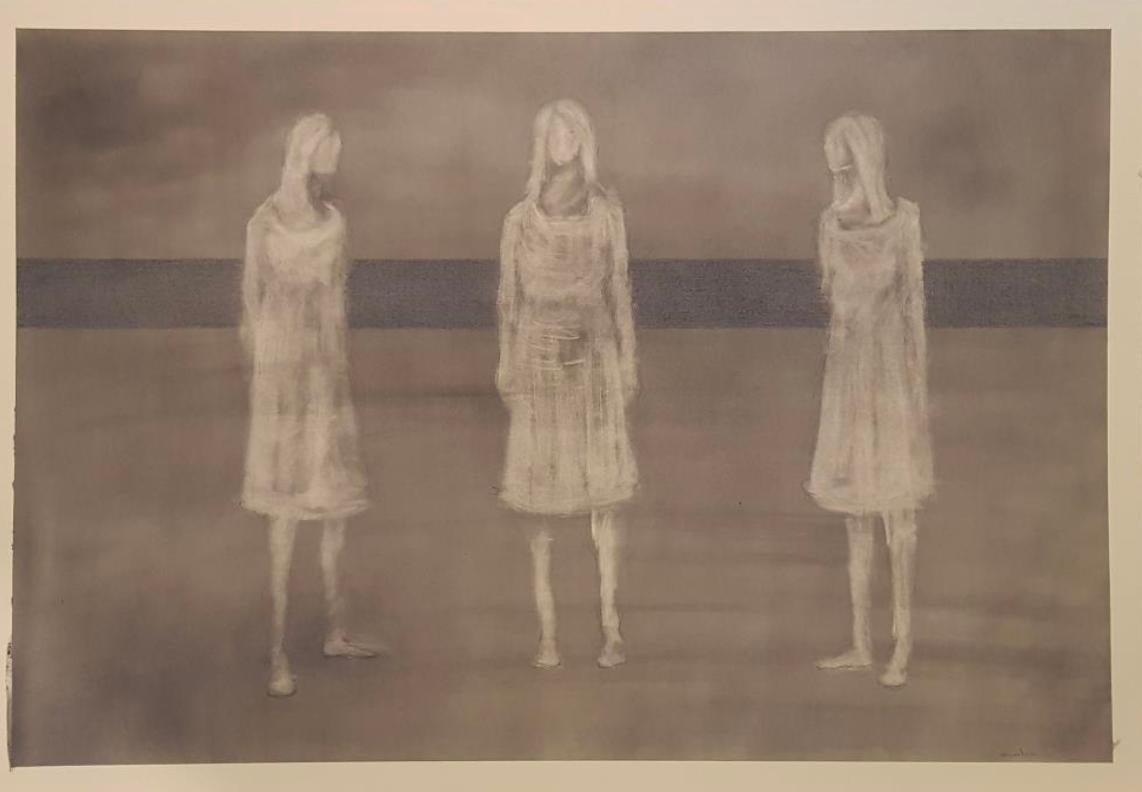 Figurative Graphite Drawing on Paper - Tres Mujeres - Pastel Colors - Framed
