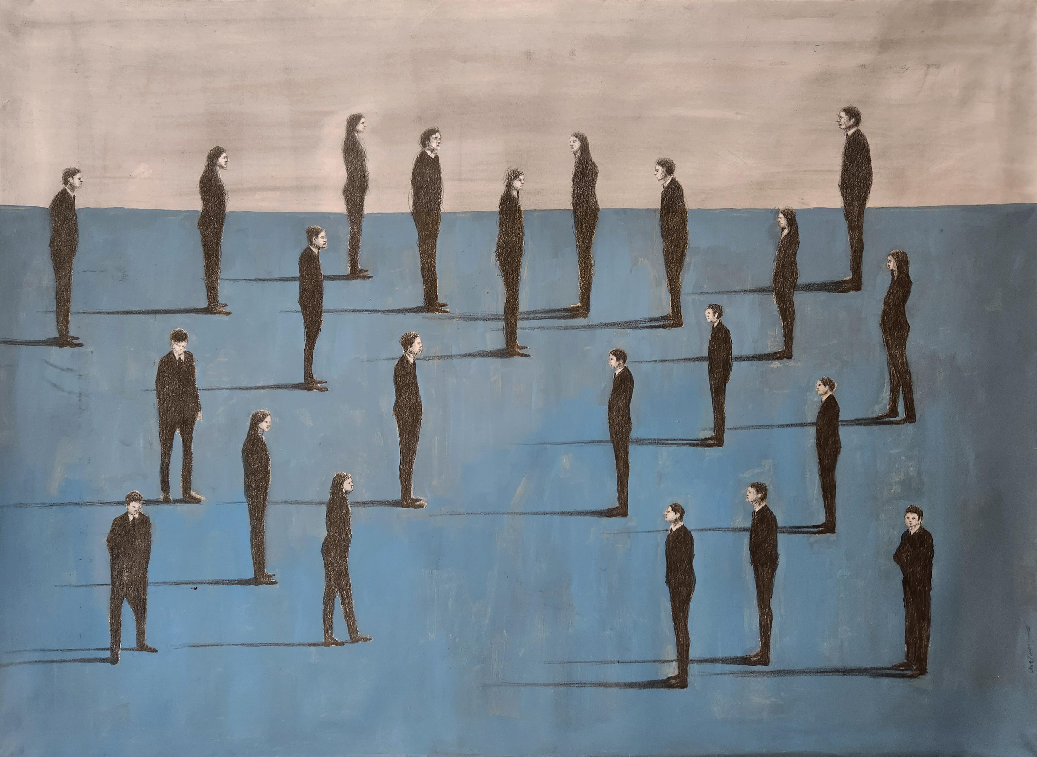 Figurative Drawing on Paper - Blue - Figurines Grupo 22 - Graphite