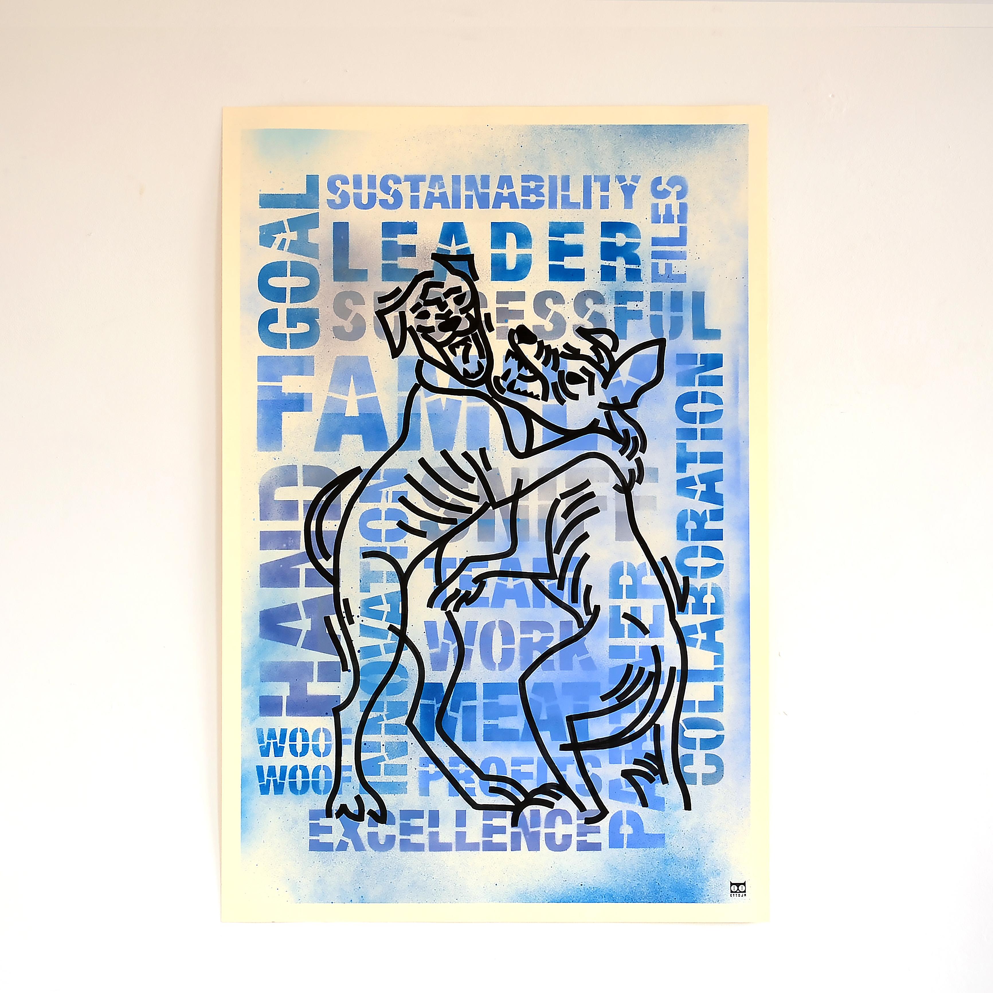 Acrylique et peinture en aérosol sur papier - Série d
œuvres sur le bureau - Encadré