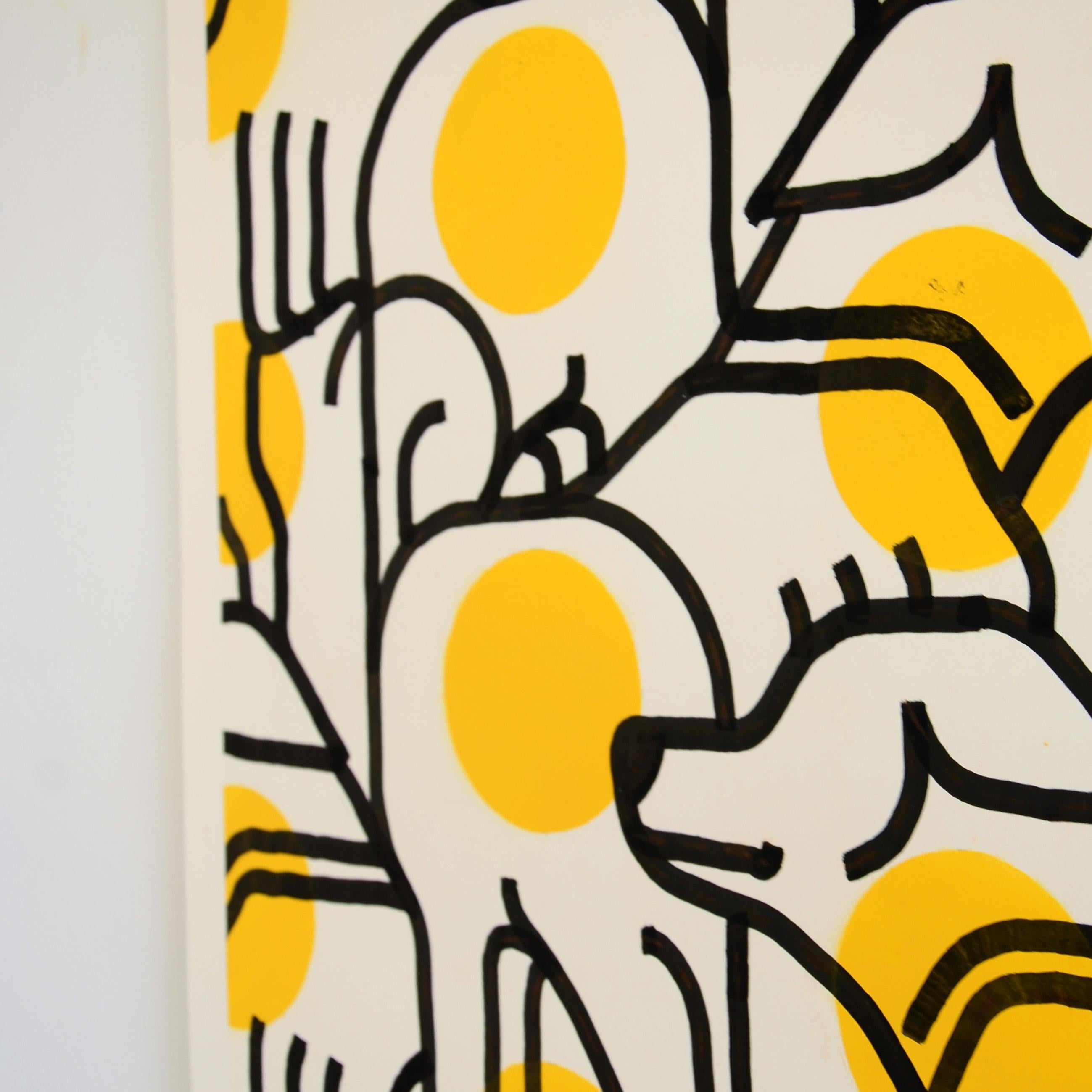 Acrylique et peinture en aérosol sur papier - Série d'œuvres sur le bureau - Encadré - Beige Animal Art par Ettoja