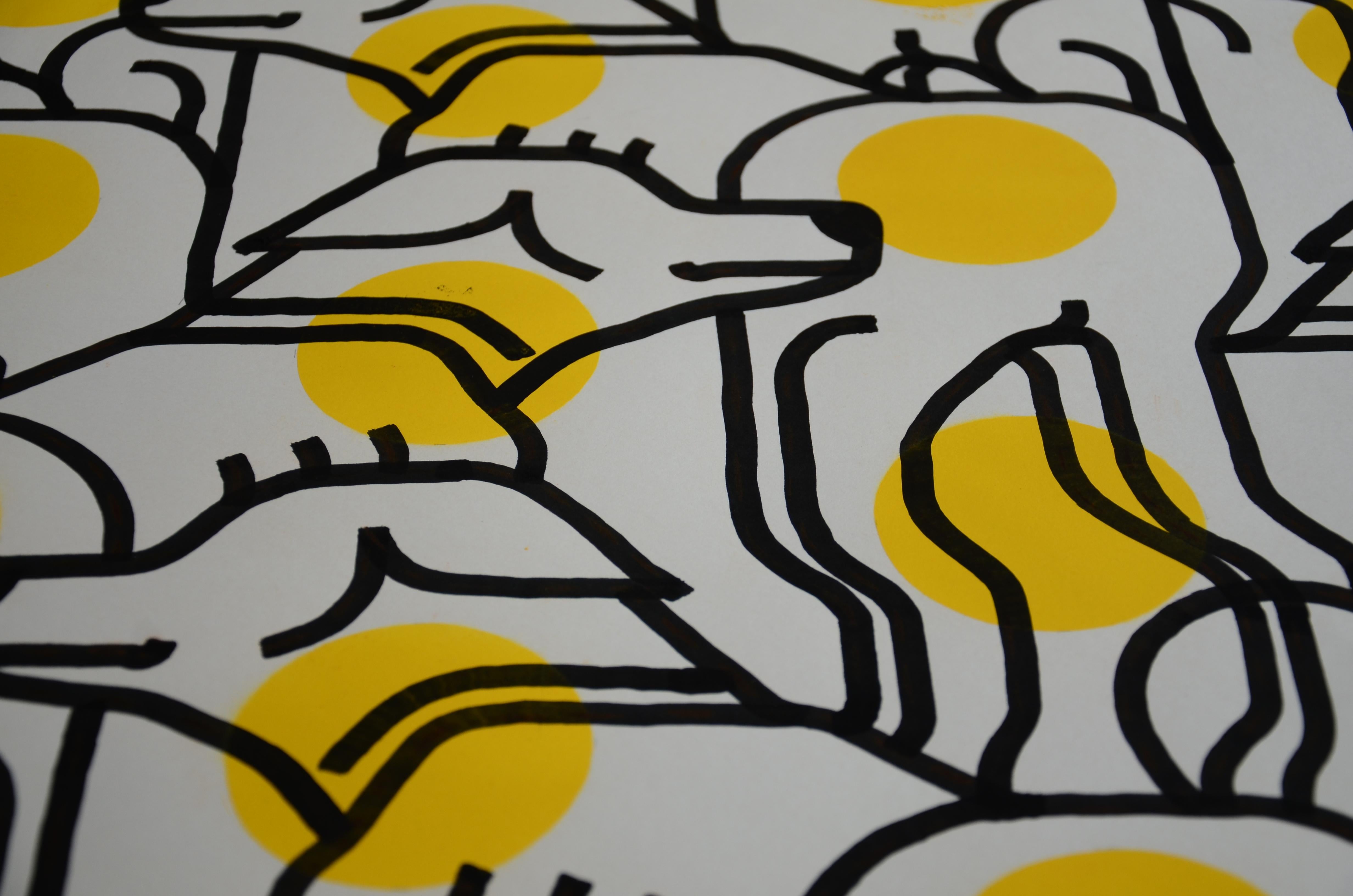 Acrylique et peinture en aérosol sur papier - Série d'œuvres sur le bureau - Encadré en vente 5