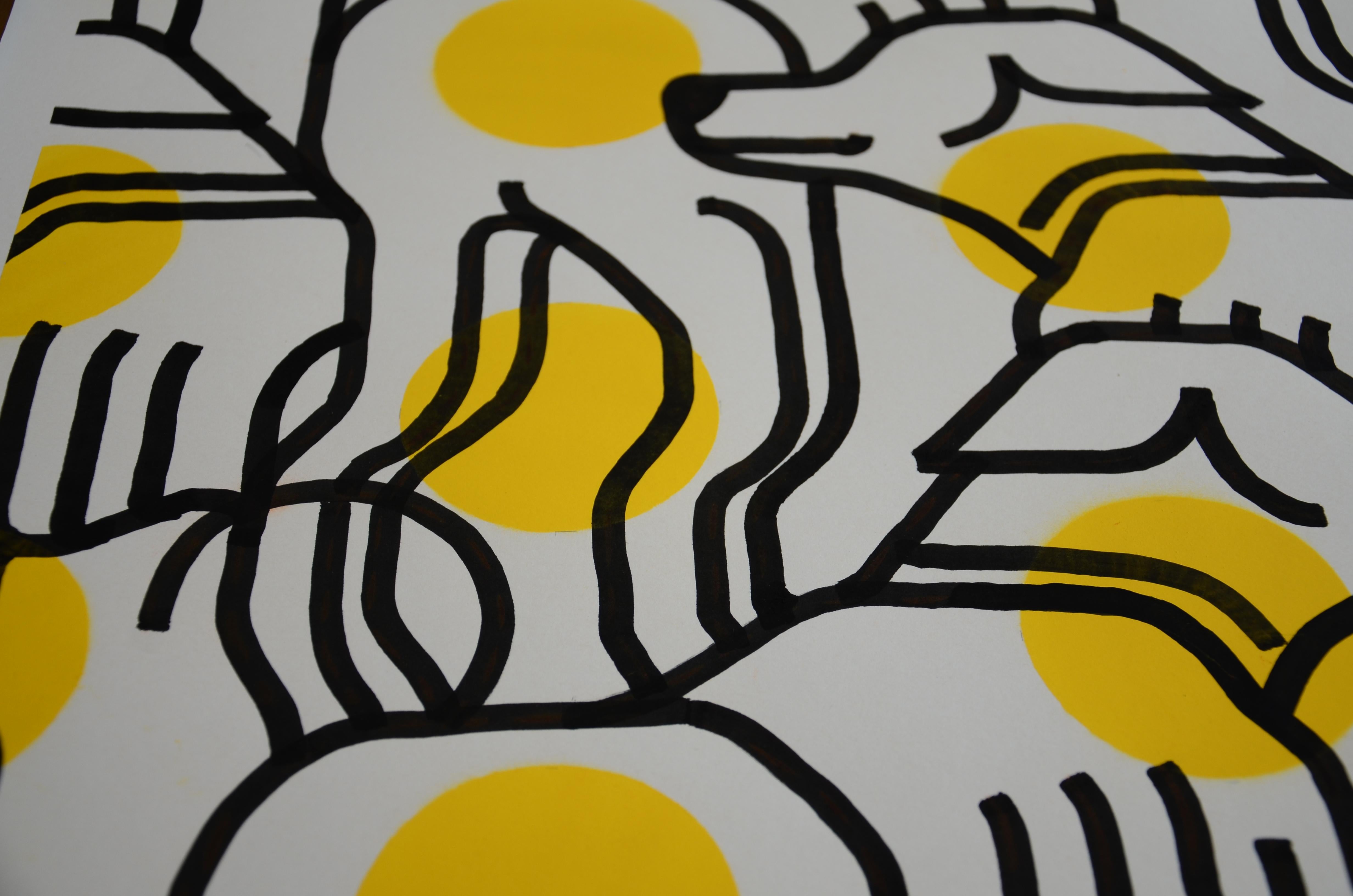 Acrylique et peinture en aérosol sur papier - Série d'œuvres sur le bureau - Encadré en vente 4