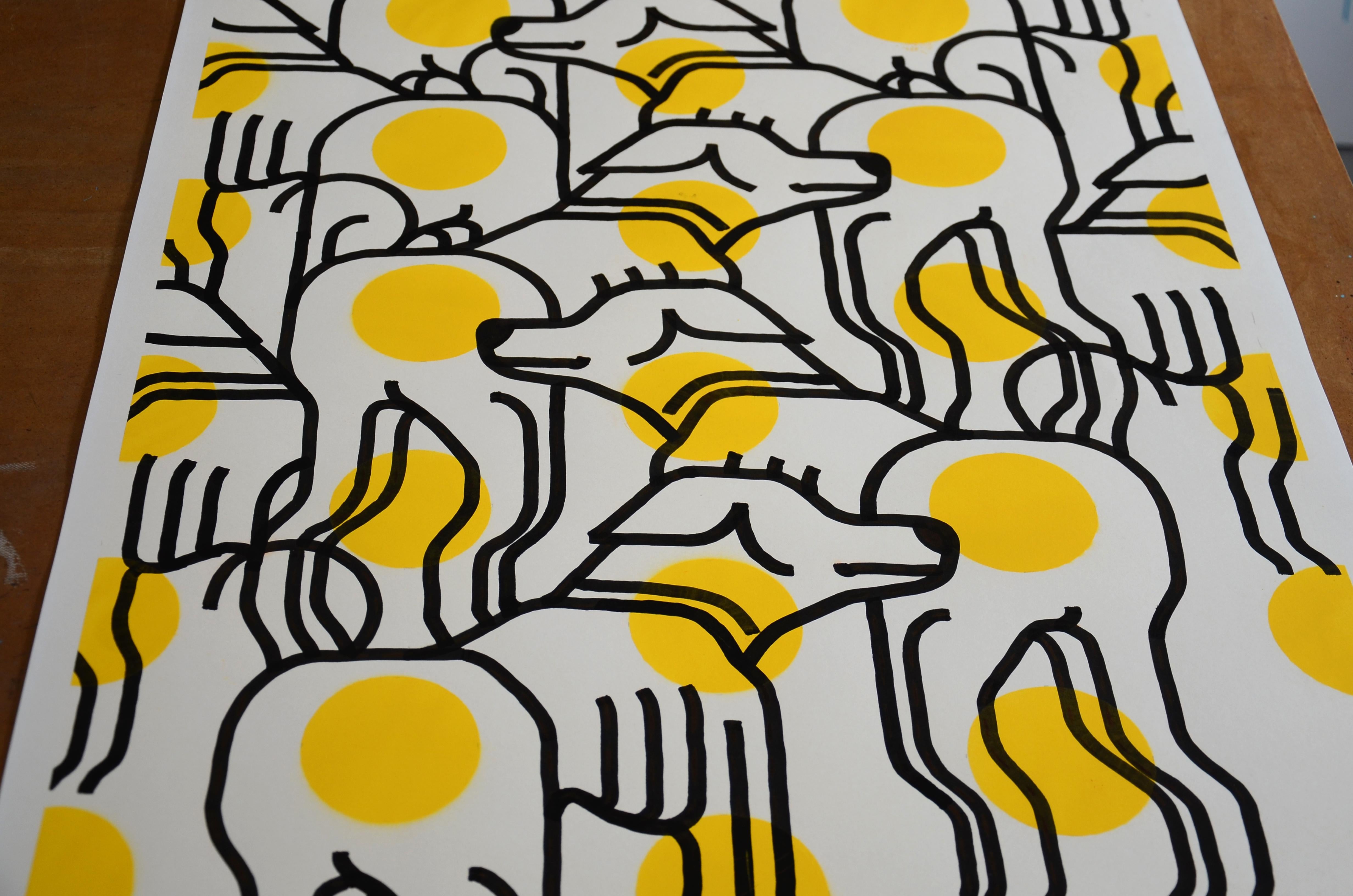 Acrylique et peinture en aérosol sur papier - Série d'œuvres sur le bureau - Encadré en vente 2