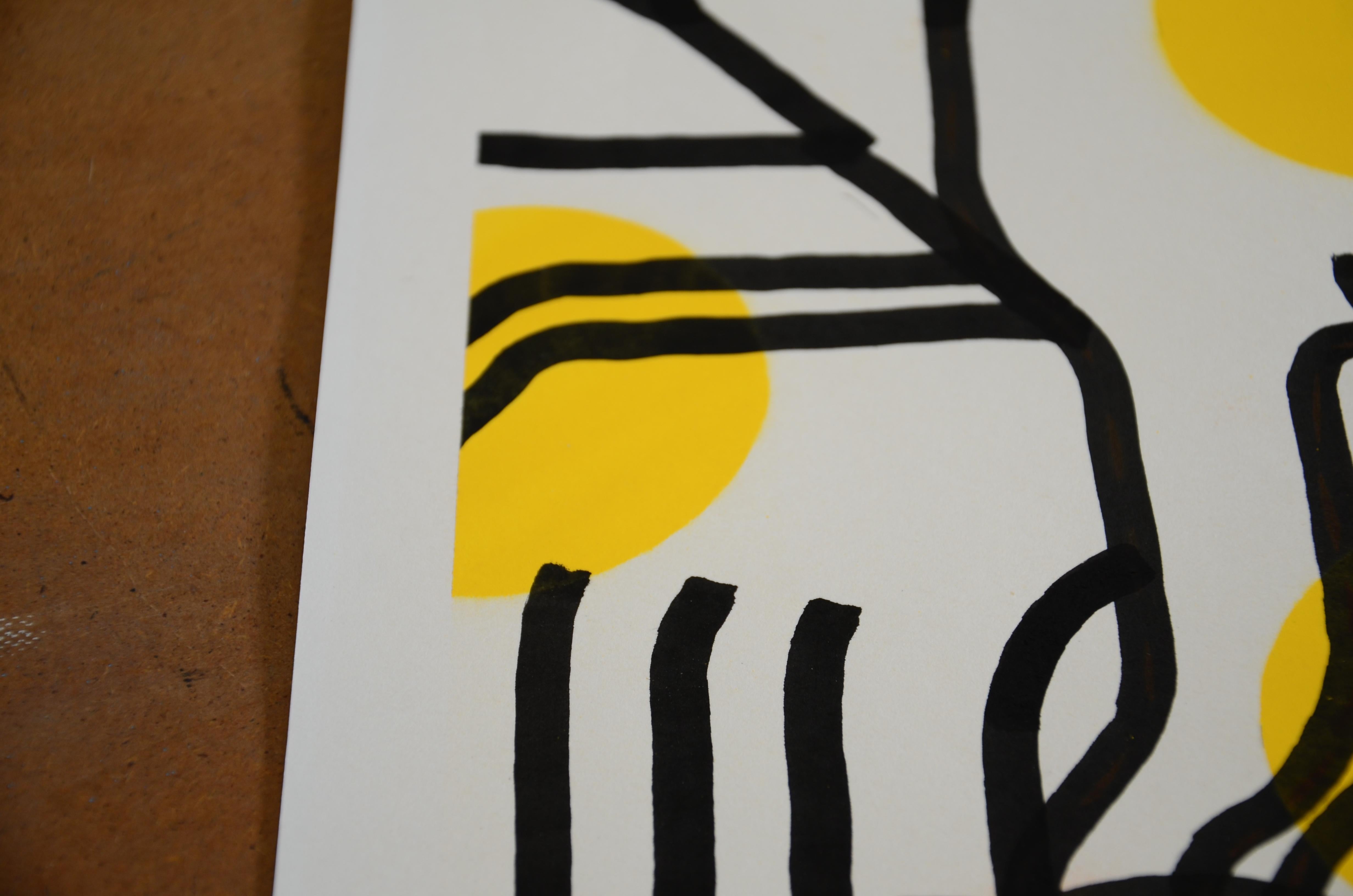 Acrylique et peinture en aérosol sur papier - Série d'œuvres sur le bureau - Encadré en vente 9