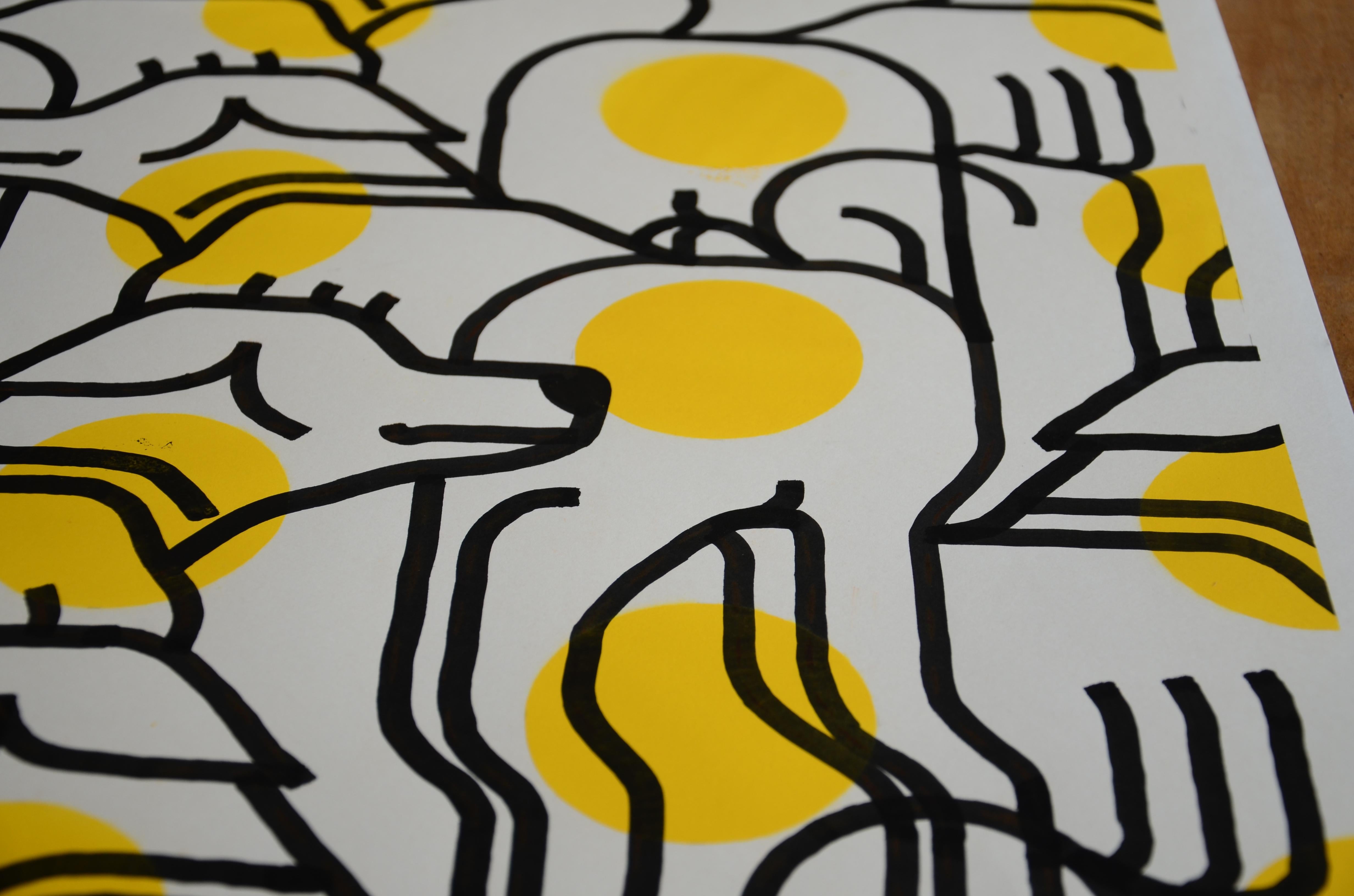 Acrylique et peinture en aérosol sur papier - Série d'œuvres sur le bureau - Encadré en vente 8