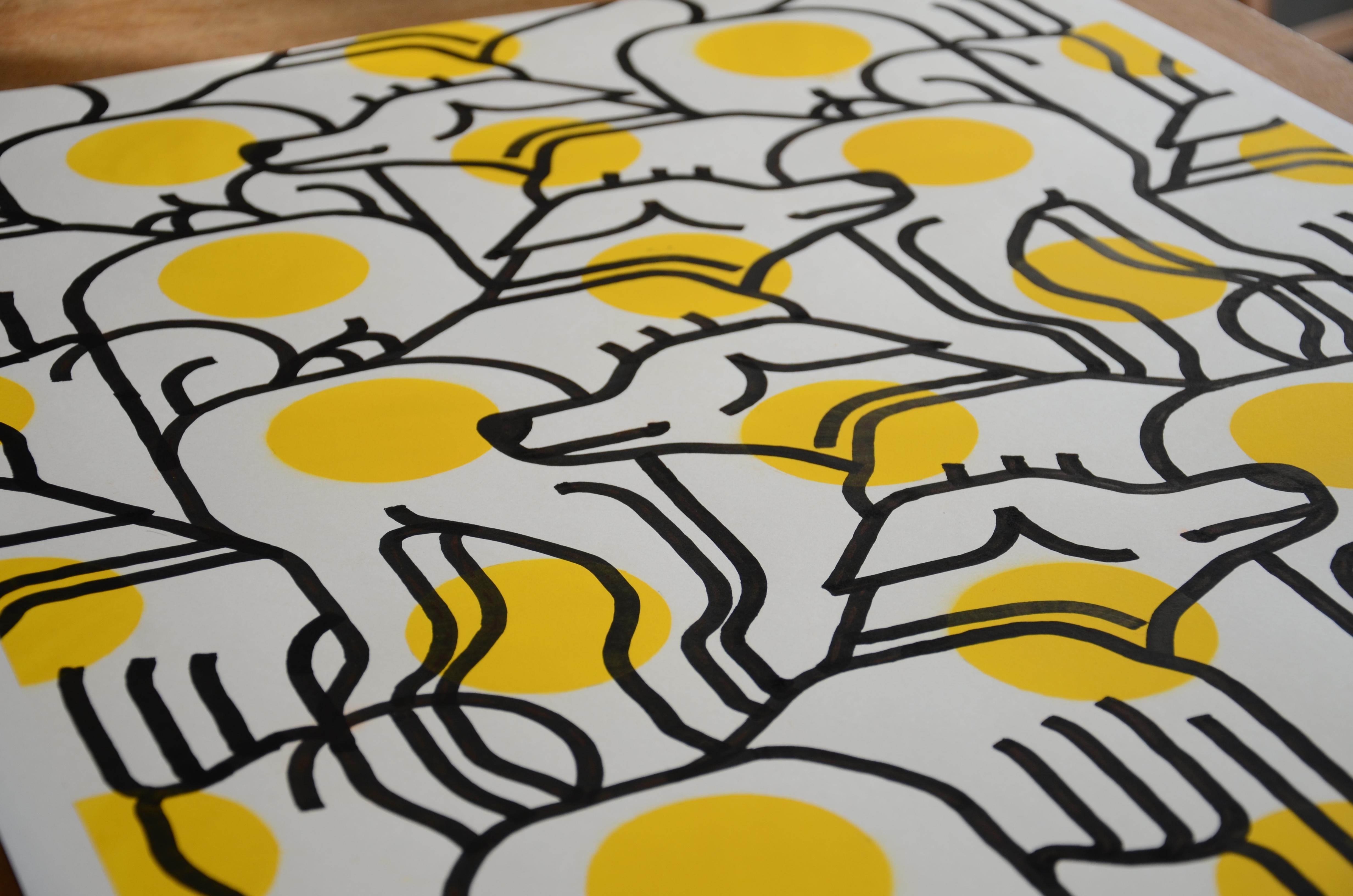 Acrylique et peinture en aérosol sur papier - Série d'œuvres sur le bureau - Encadré en vente 10