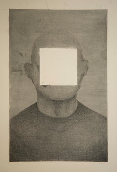 White and black drawing on paper, men's torso with covered face, signed, 50x35cm