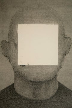 Dessin en noir et blanc sur papier, représentant le torse d'un homme au visage masqué, signé, 50 x 35 cm