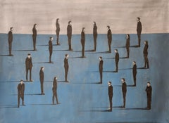 Dessin - Crayons sur papier. Personnages masculins. Encadré - Bois massif et plexiglas.