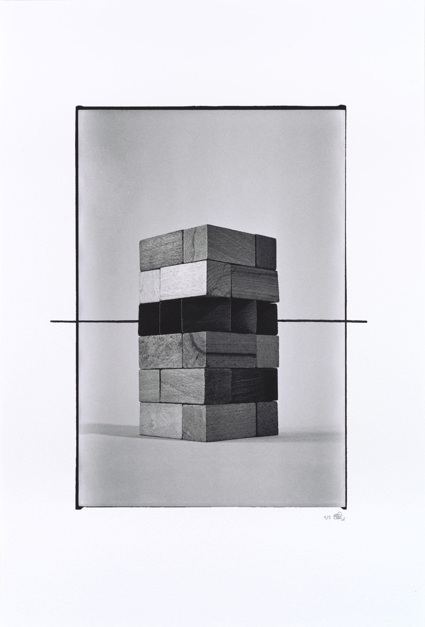 Conrad Willems Black and White Photograph - Brush and ink on black and white photograph of Construction Blocks