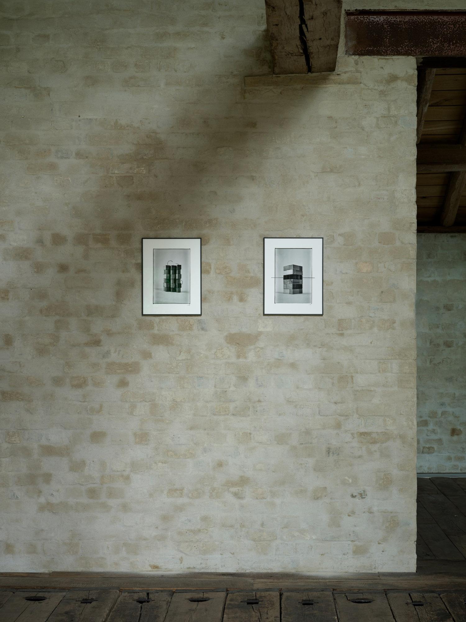 Brush and ink on black and white photograph of Construction Blocks - Photograph by Conrad Willems