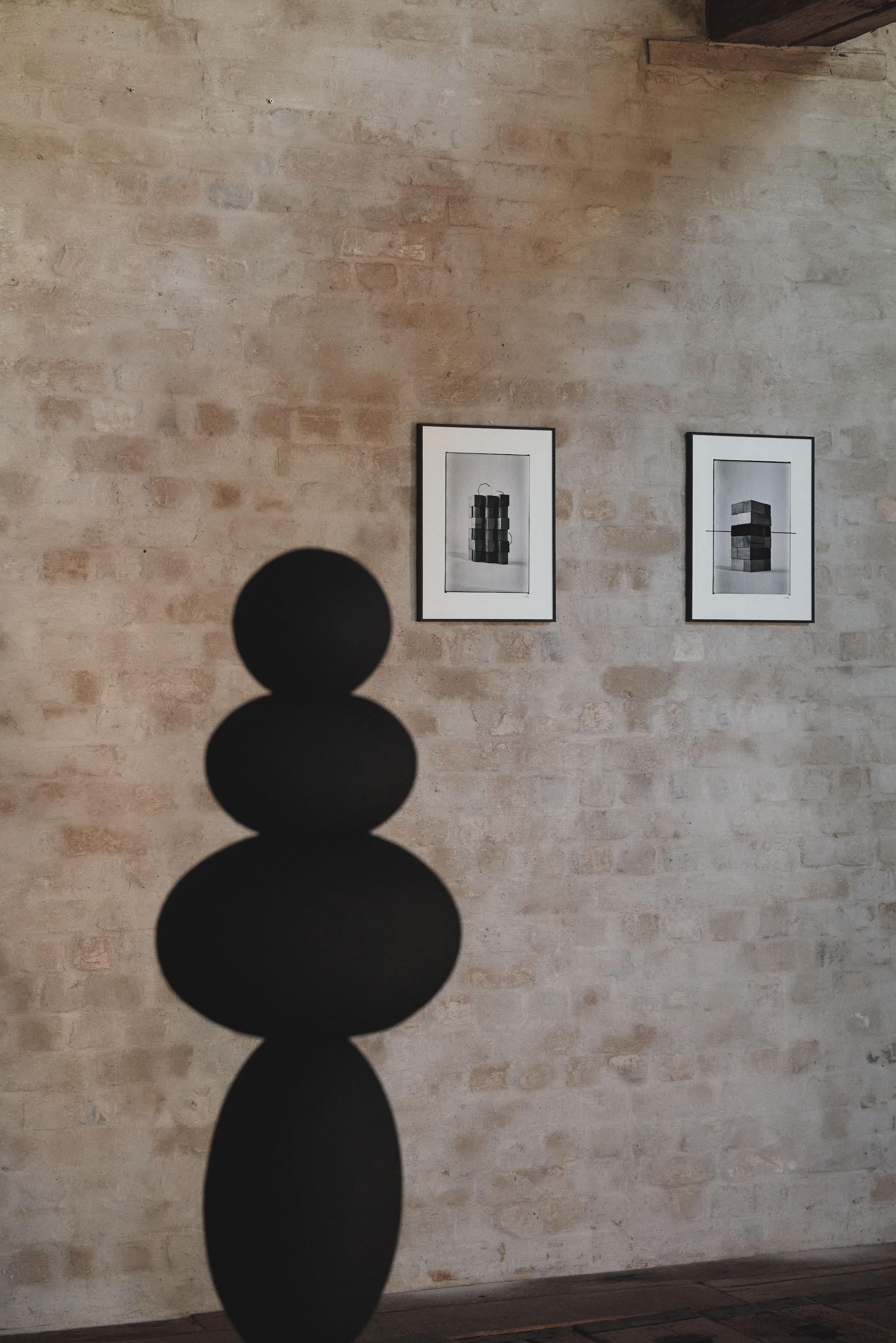 Brush and ink on black and white photograph of Construction Blocks For Sale 1