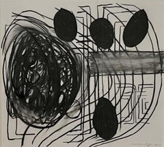 "Untitled" - black and white abstract charcoal drawing on paper, framed art