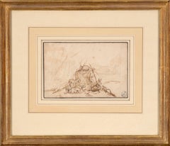 Huntsmen at rest in a landscape, with hounds and a deer