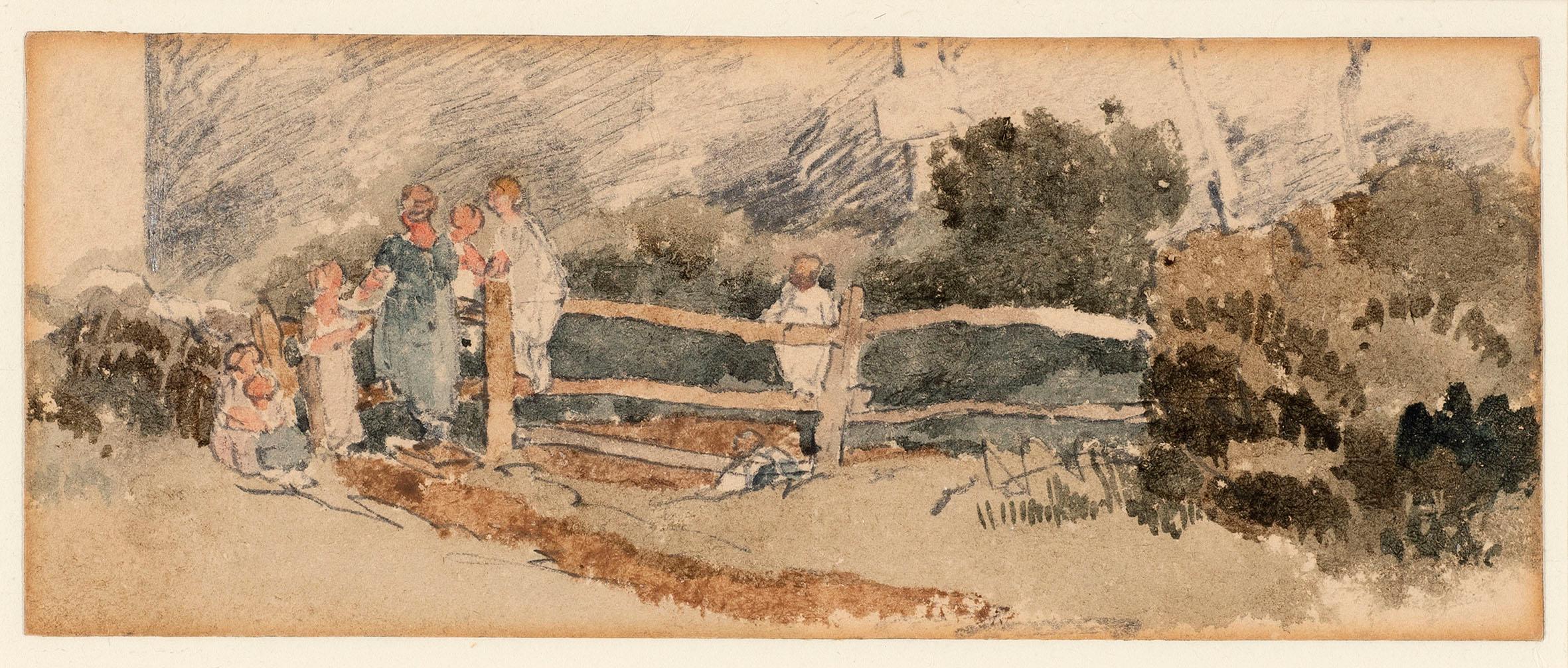 A sketch of children climbing a fence