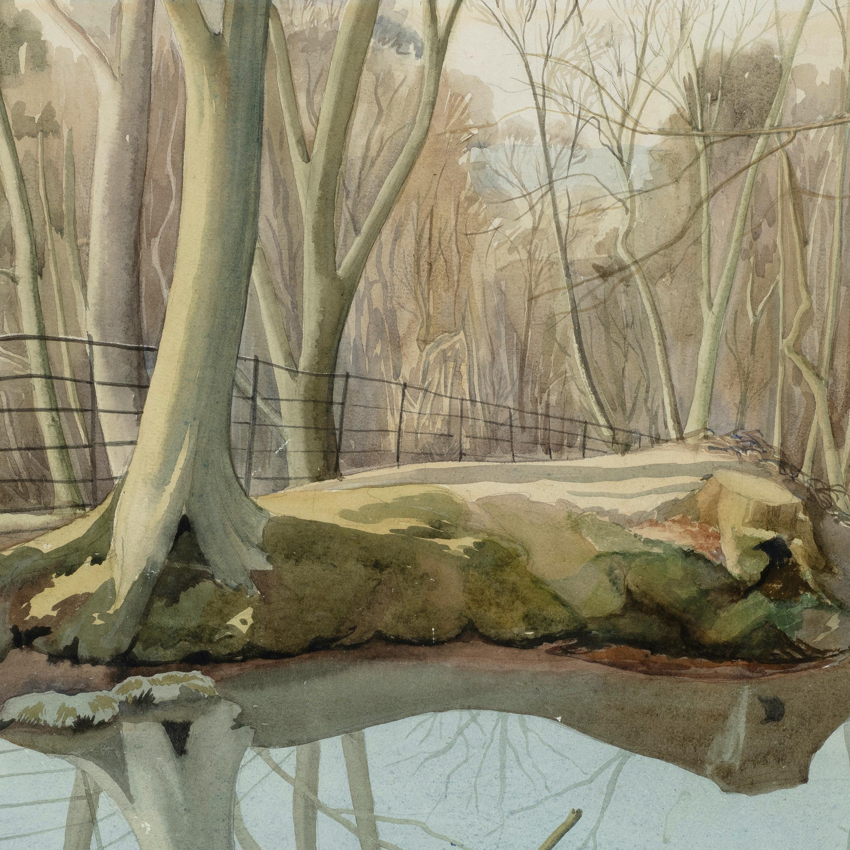 Escena de bosque con una masa de agua - Landscape Art Gris de John Nash