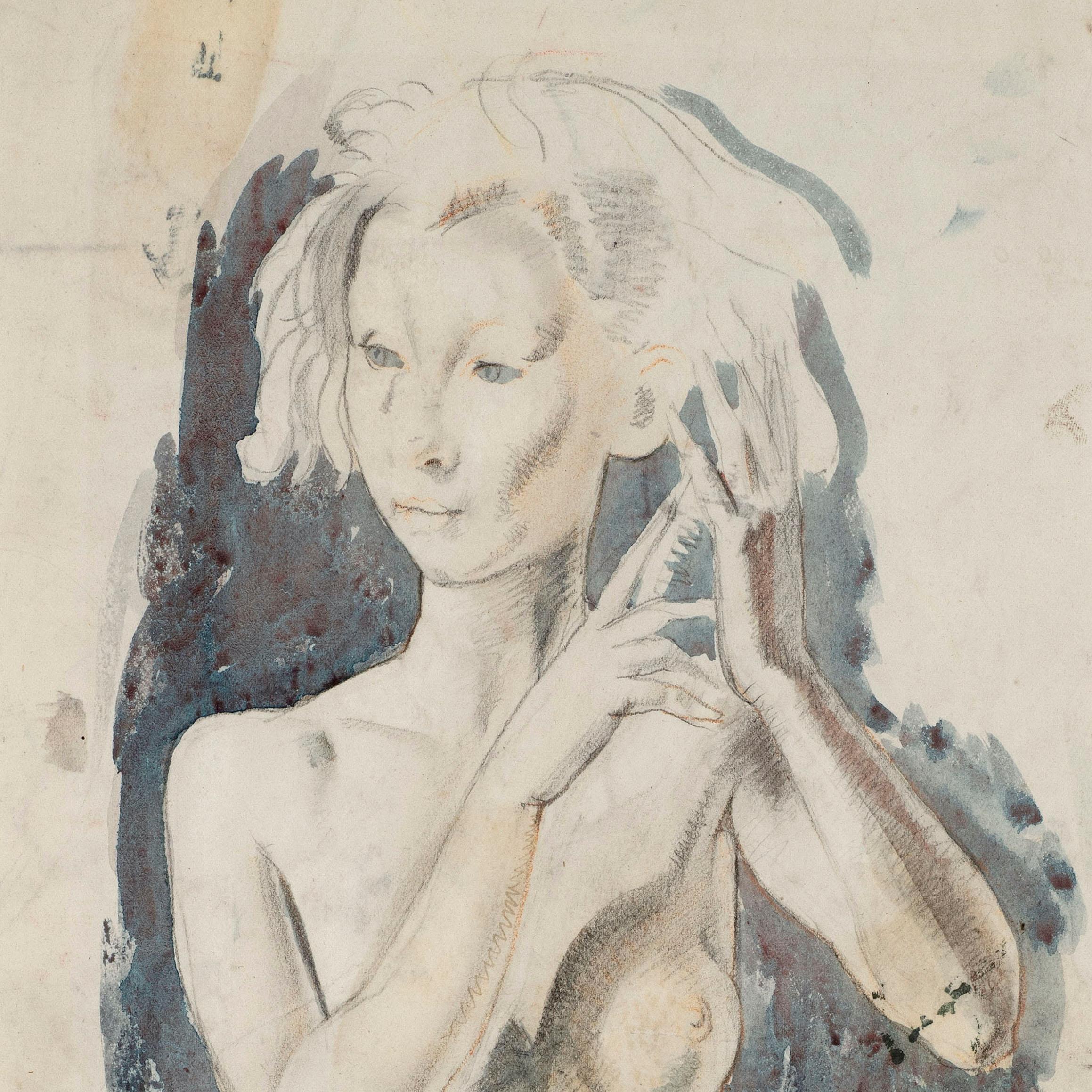 Bernard Fleetwood-Walker RA RWS (1893-1965)  
Kneeling Nude, Study for The Maidens, c. 1932
Graphite, chalk and wash on paper
46.1 x 18.6 cm.; (within frame) 57.2 x 33.2 cm.

Provenance:
Bequeathed by the artist to his second wife, Dr Peggy